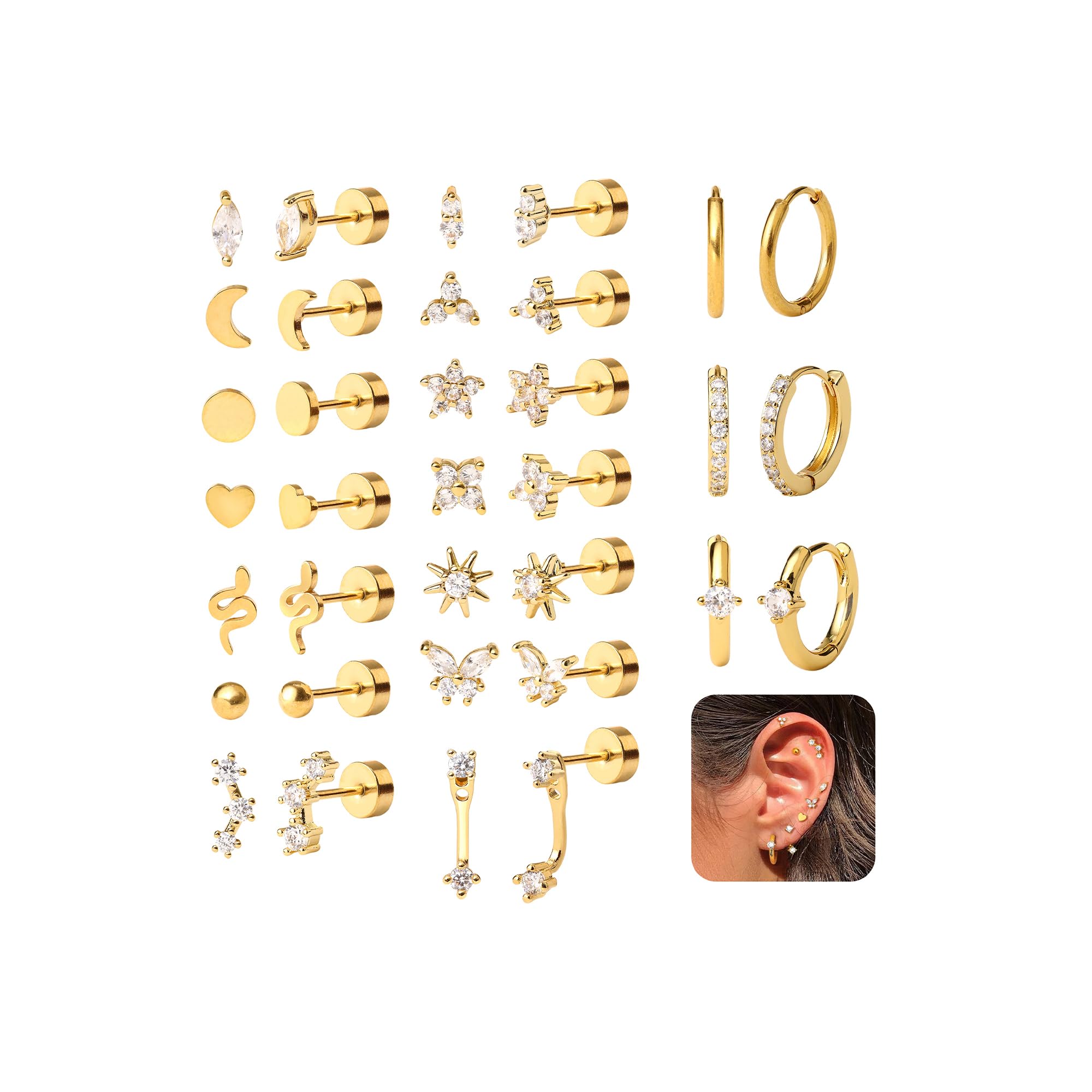 KRFY Flat Back Stud Earrings - 17 Pairs 18K Hypoallergenic Surgical Steel Stud Earrings For Women Stainless Steel Gold Hoop Earrings Tiny Screw Back Cartilage Earring Set For Multiple Piercing