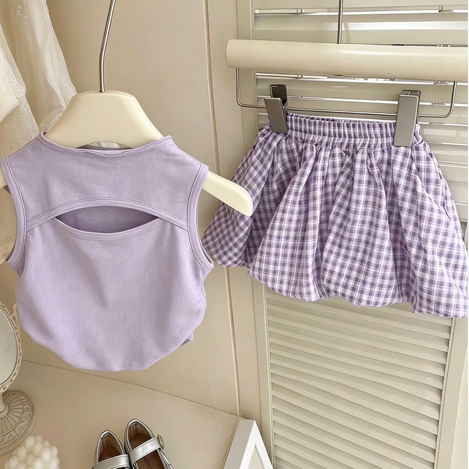 Girls Summer Tank Outfits with Bunny-tie Crewneck Sleeveless Tank Plaid Bubble Skirts Cute Vacation Clothing Sets