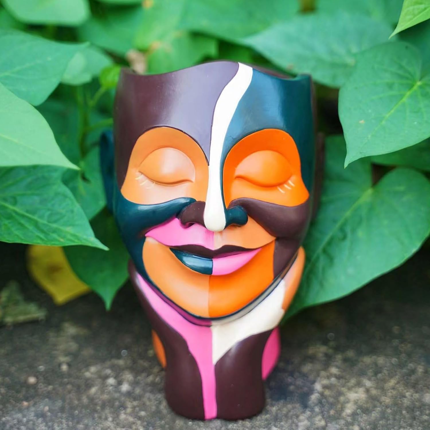 Abstract Face Plant Pots, Colorful Smiling Head Flower Pots for Home Decor, Unique Cute Planters Hand-Painted, Funny Eclectic Body Vases, Boho Modern Art for Desk Shelf Decoration (Chocolate&Orange)