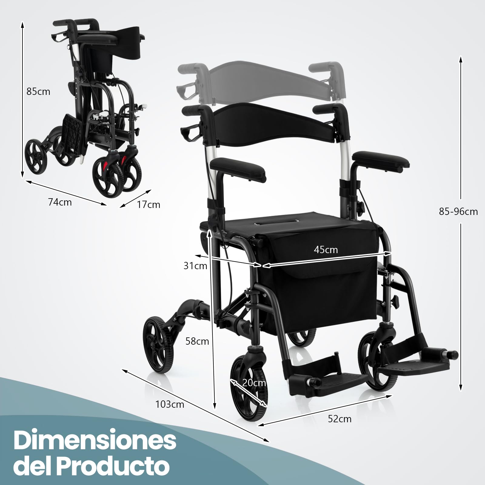 COSTWAY 2 en 1 Andador Plegable para ancianos, caminadores para mayores con Asiento y Respaldo Reversible, Silla de Ruedas con Manija Ajustable, Freno de Mano, Portaparaguas y Bolsa (negro)