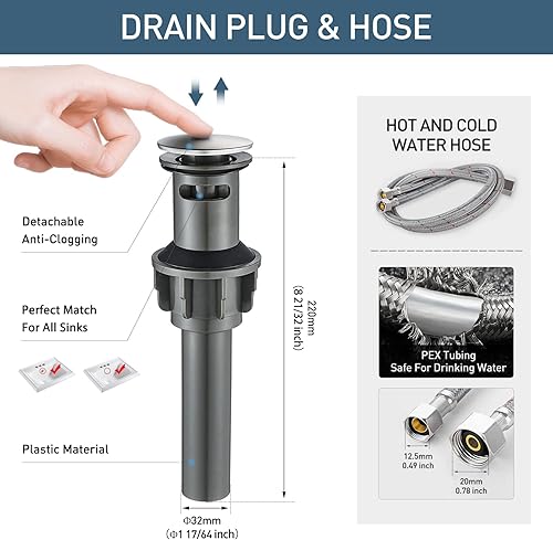 Miniatura 5 de Grifo de lavabo de baño de 4 pulgadas, 2 asas, juego central, grifo de baño de níquel cepillado con drenaje emergente y manguera de suministro