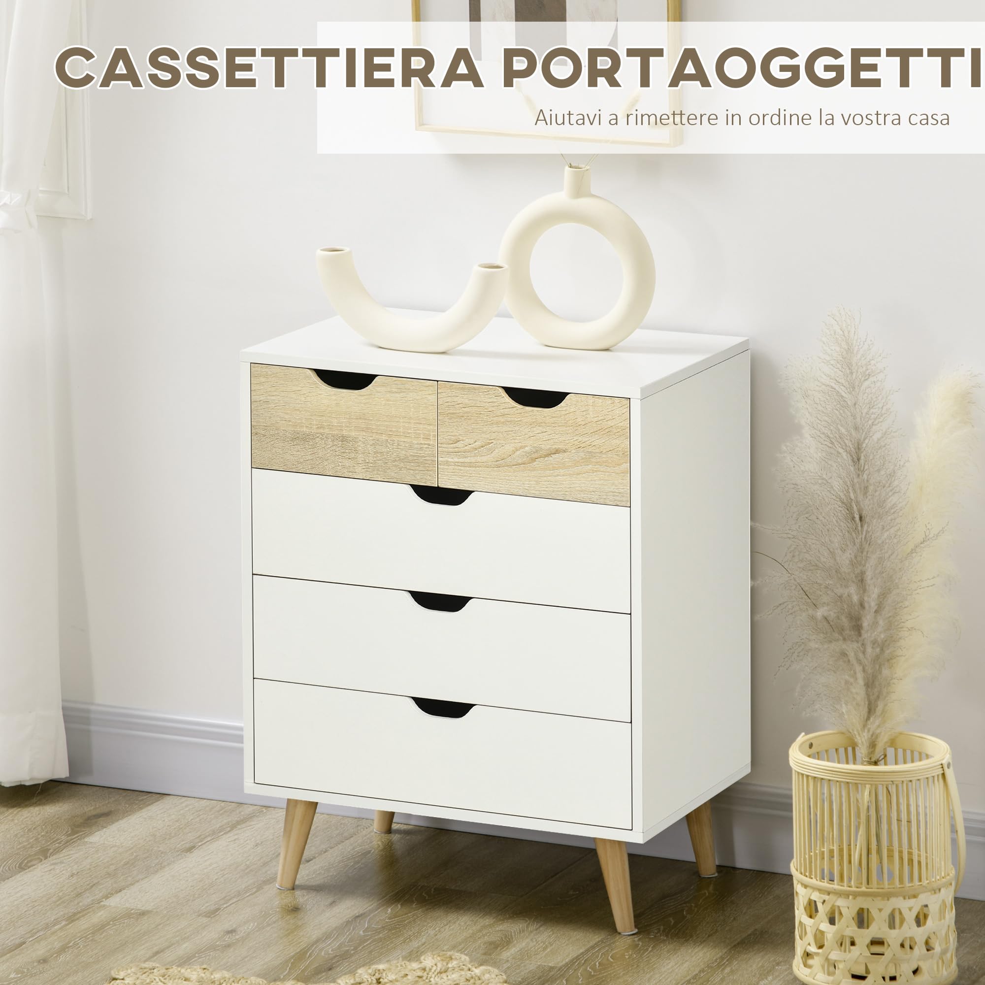 HOMCOM Cassettiera 5 Cassetti per Ingresso, 60x40x77.5cm, Bianco e Legno