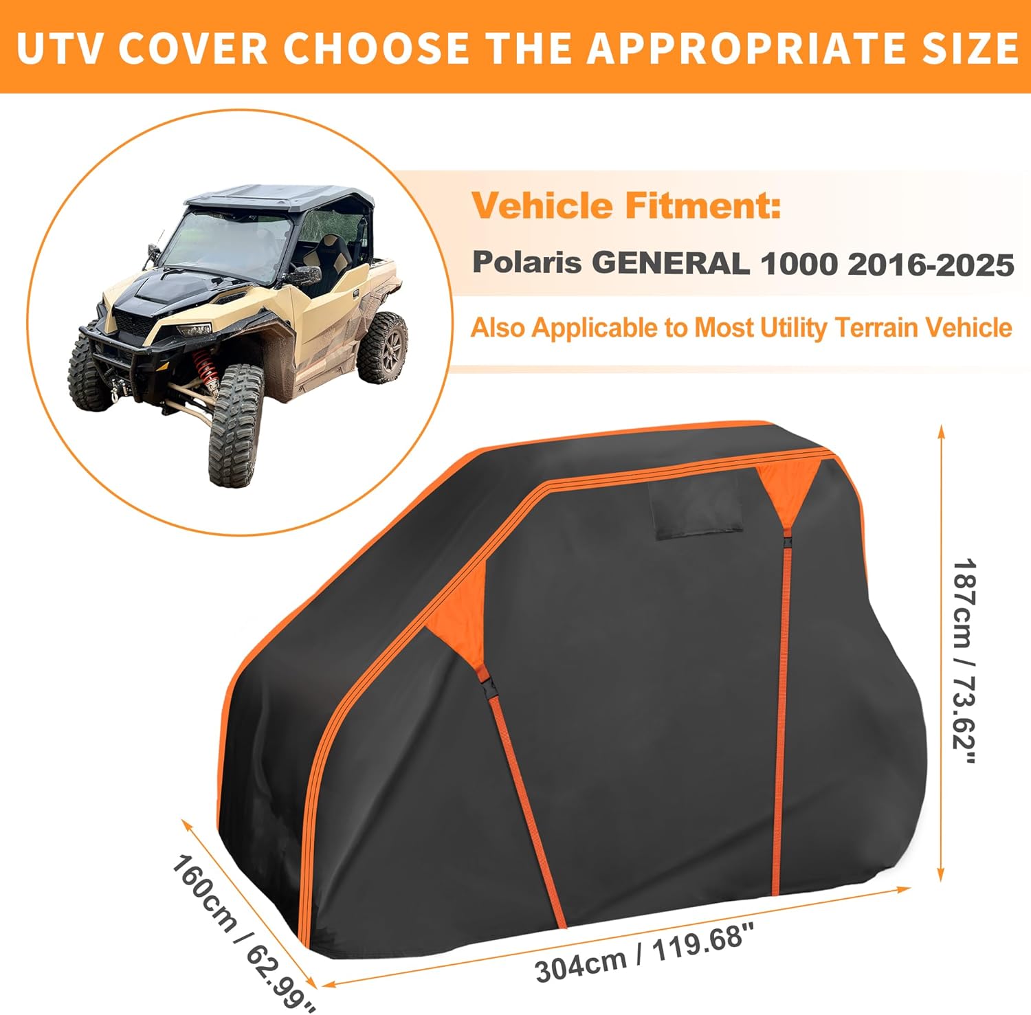 X AUTOHAUX UTV Cover for Polaris General 1000 2016-2025 Waterproof Side by Side Cover Outdoor Sun Rain Storage Protection 210D-PU Black 304x160x187cm/119.69x62.99x73.62in