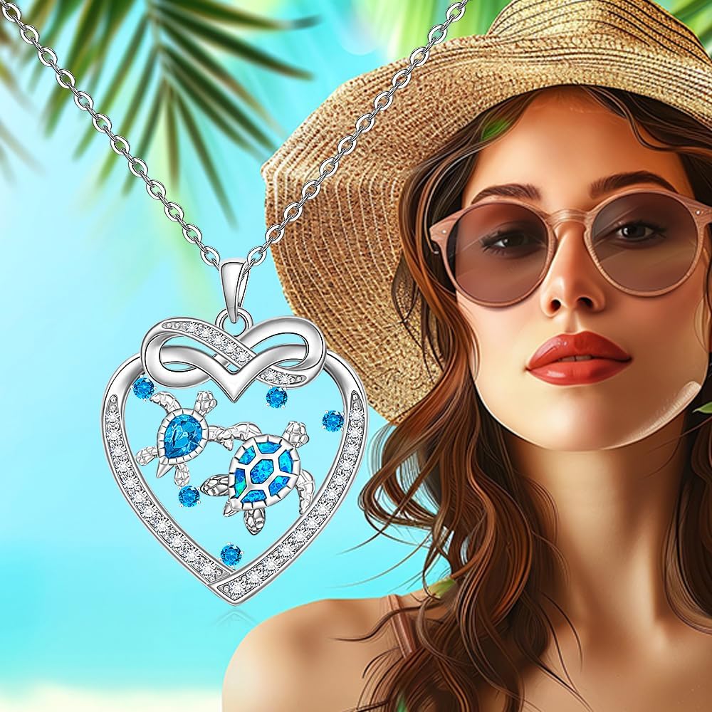 Fenthring Sea Turtle Gifts for Women Turtle Necklace Mom Pendant Sterling Silver Blue Opal Heart Infinity Mother Daughter - Image 7