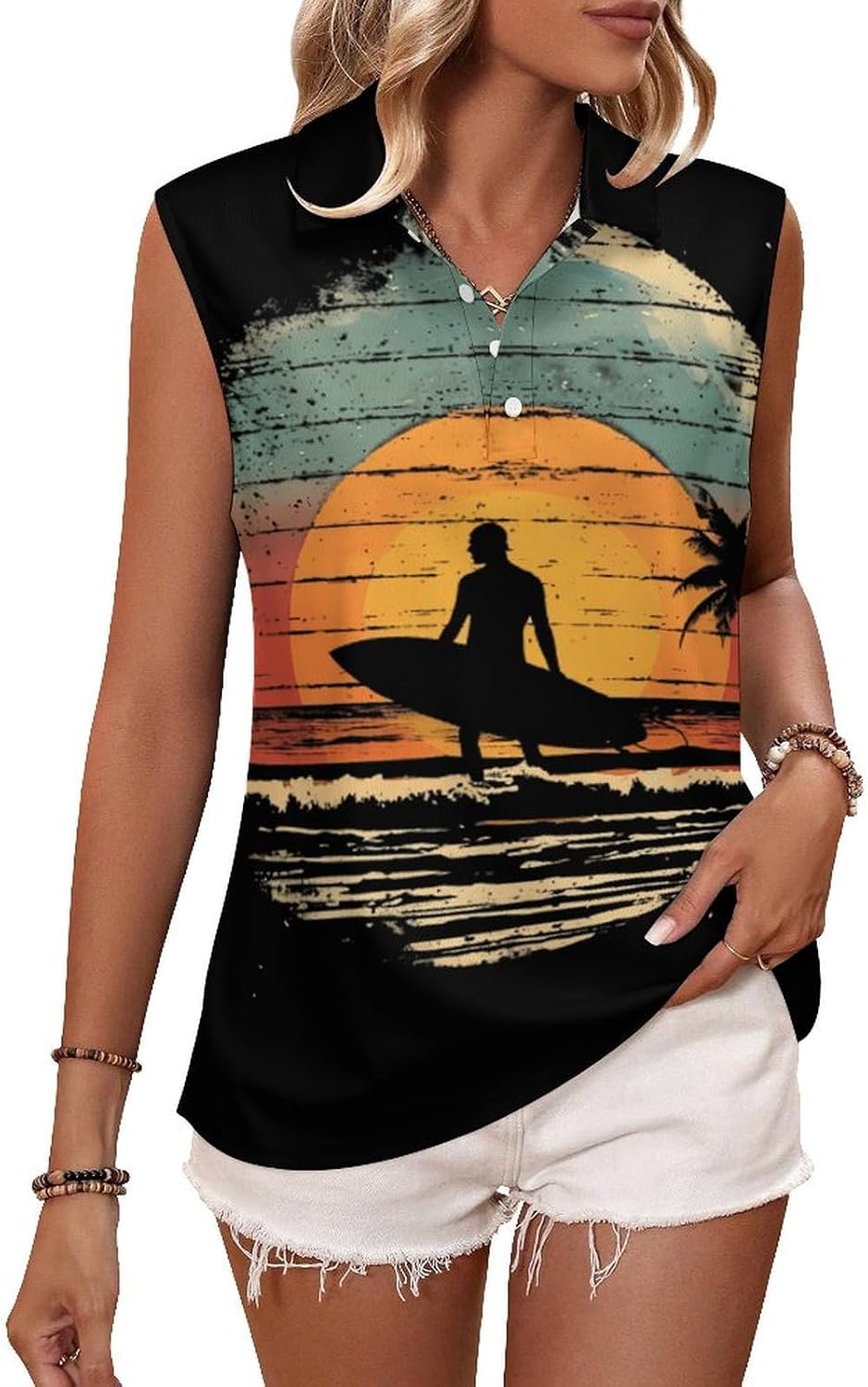 Vintage Sunset Surfing Women's Sleeveless Polo Tank Top Print T-Shirt Tops Casual Tops Summer Workout