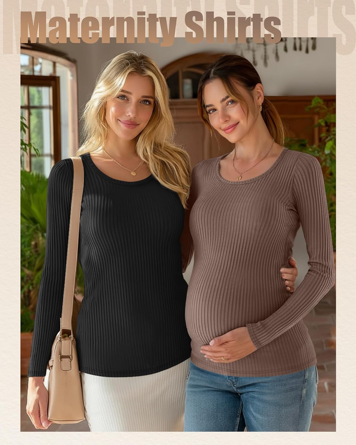 4 Pack Women's Ribbed Maternity Shirts, Scoop Neck Long Sleeve Knit Pregnancy Tops Slim Basic Tee Clothes - Image 2