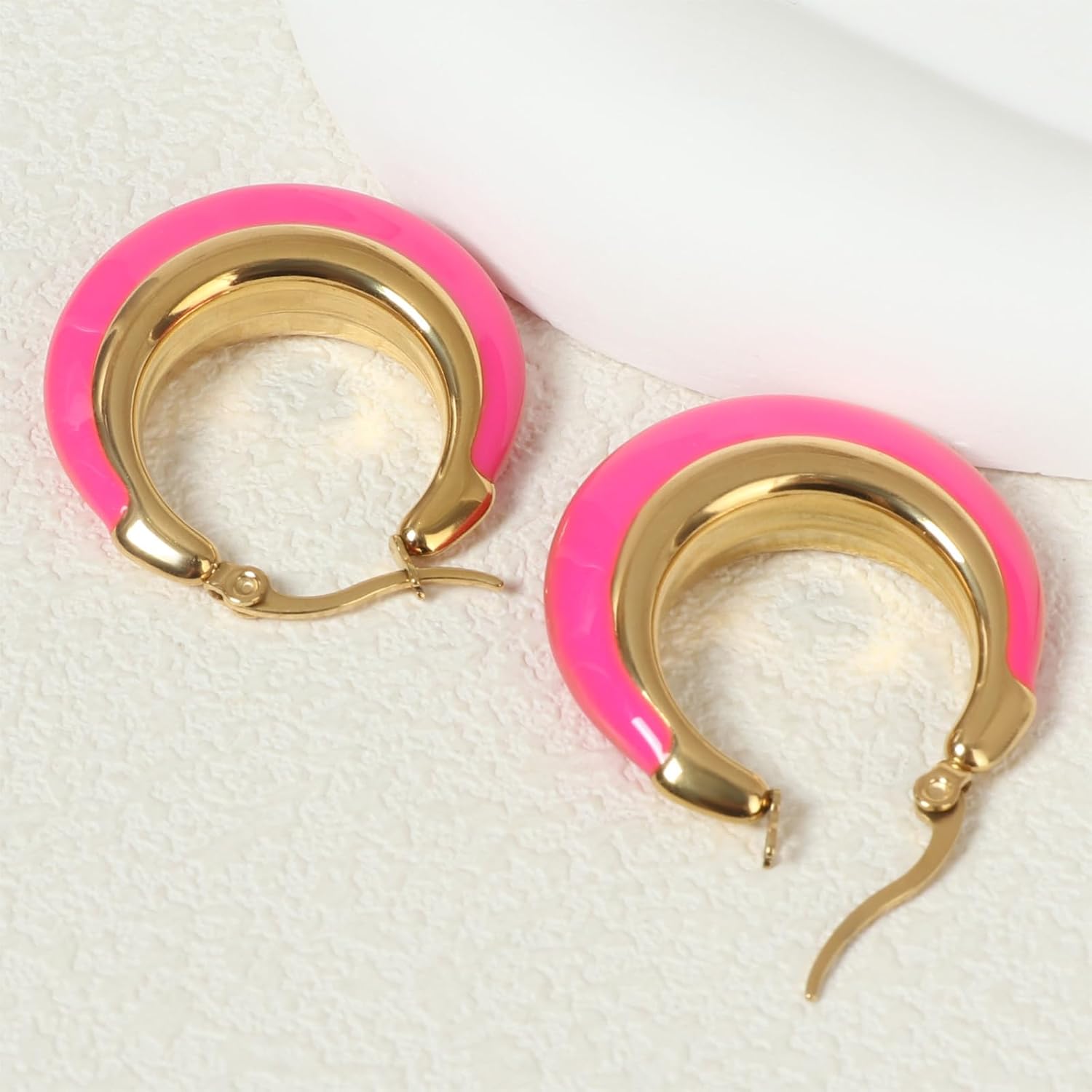 Chunky Enamel Hoop Earrings for Women 18K Gold Plated Bamboo Checkered Huggie Earrings Enamel Jewelry Gift for Her