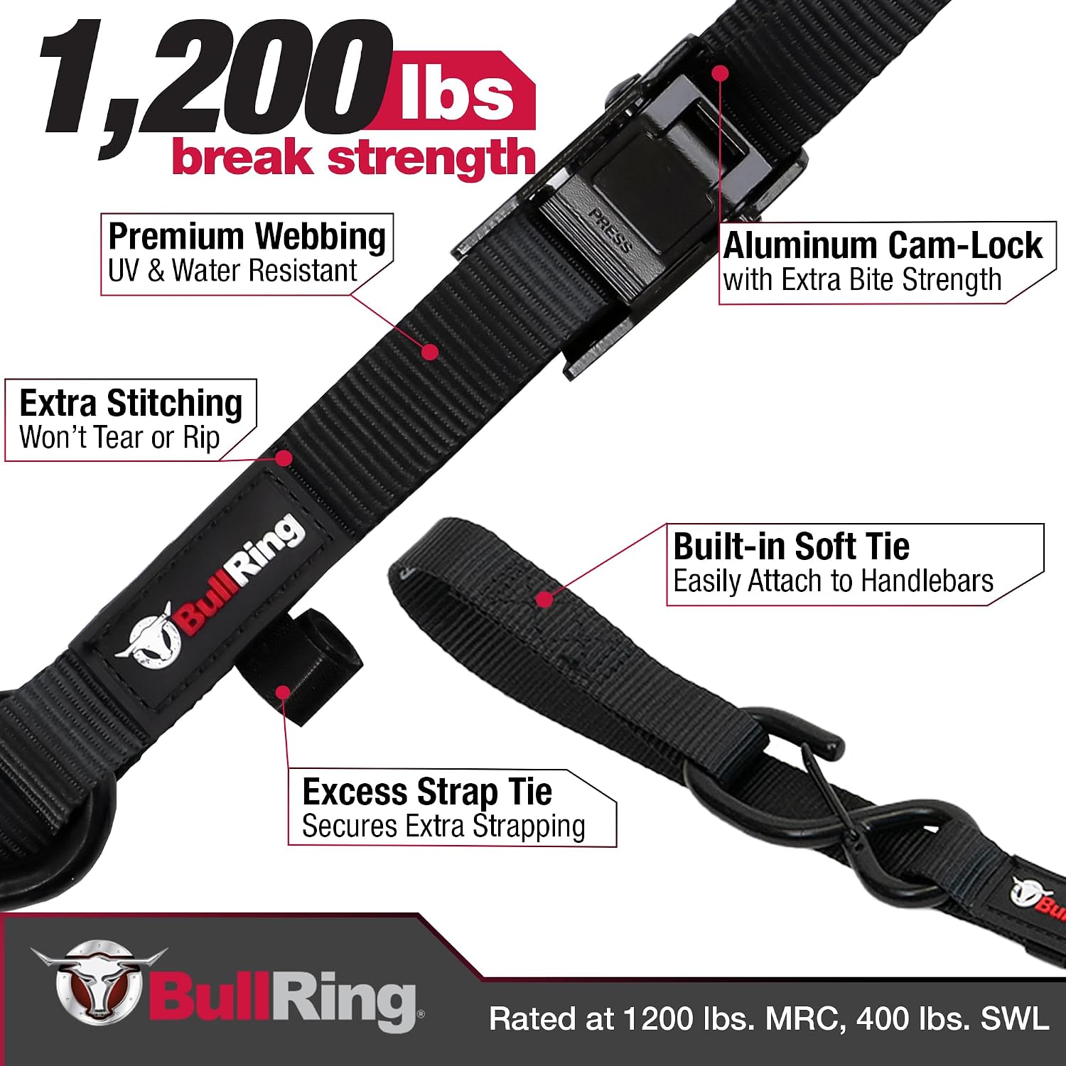 Bull Ring Cam-Lock Tie Downs with S Hooks (2PK) – Includes (2) Heavy-Duty 1" x 8' Straps 1,200lb Break Strength for UTV, Motorcycles, ATV, Trailers, Cars, Trucks
