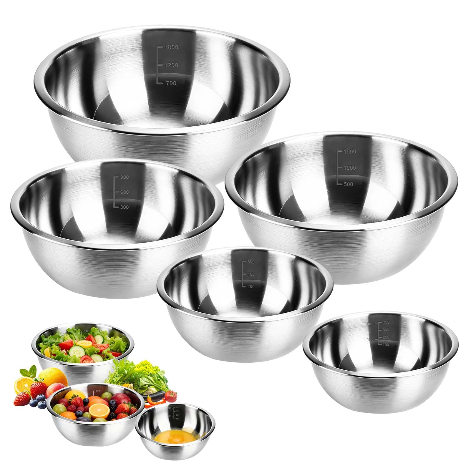 Lot de 5 Cul de Poule Inox, Saladiers en Acier Inoxydable, Bol Inox Cuisine Bowl de Mélange 5 Saladiers de Tailles Différentes 0.6 l, 0.9 l, 1.6 l, 2 l, 2.6 l