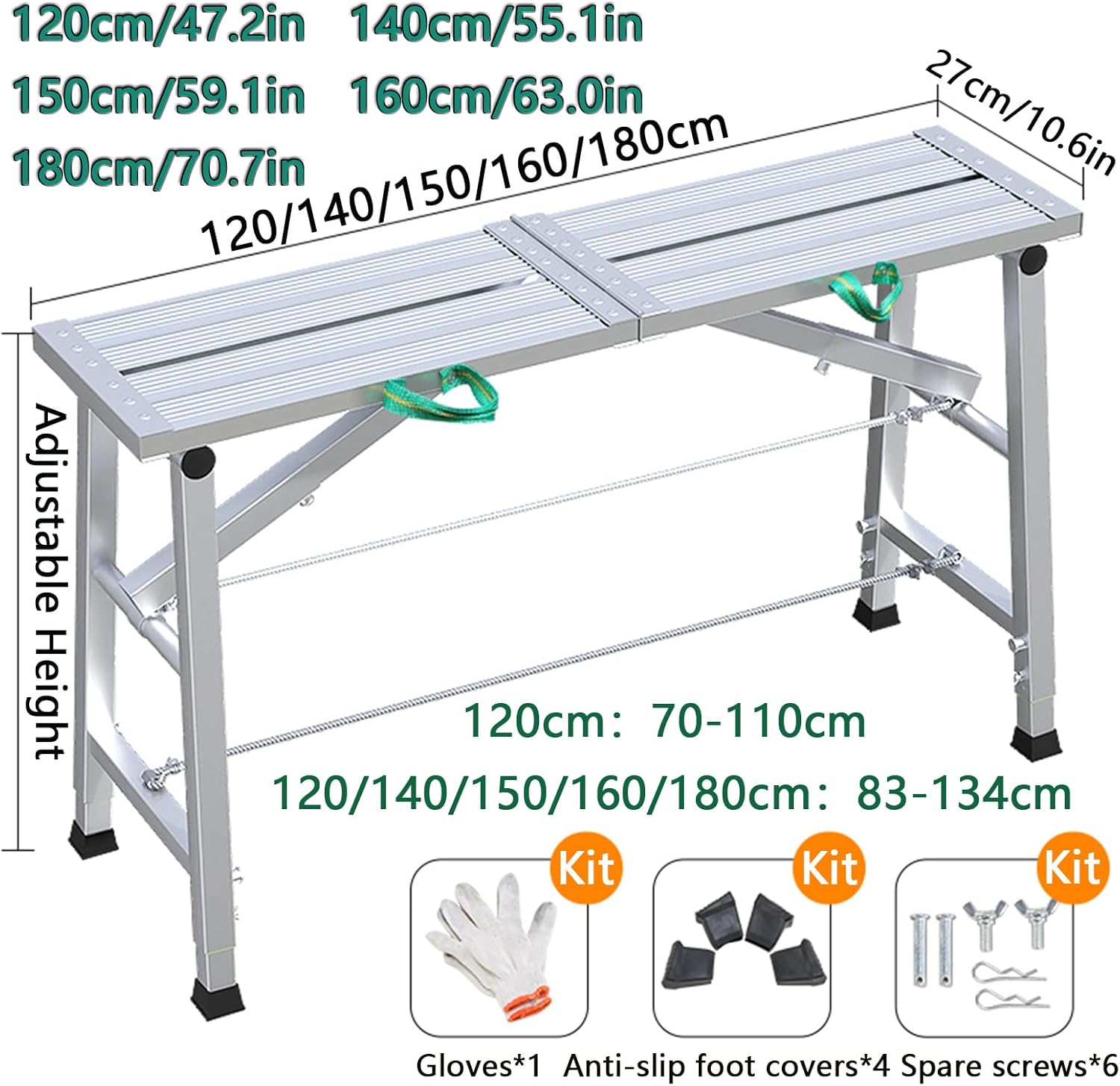 Portable Aluminum Alloy Non-Slip Work Platform, Adjustable Height Folding Scaffolding, Ladder Stool Work Bench for Home Improvement, Patching Drywall or Cleaning Windows(Size:150cm/59.1in)