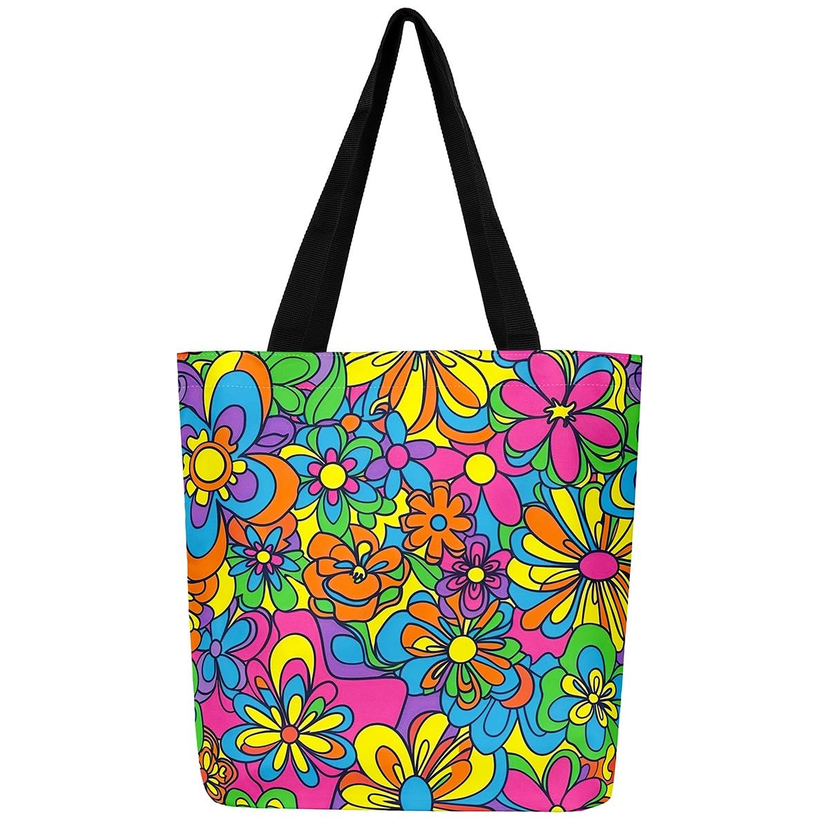 Loussiesd Retro Hippie Flower Canvas Tote Bags for Women Gifts 50x40cm 60S 70S Groovy Travel Beach Bag Cartoon Vintage Boho Plant Floral Botanical Shoulder Handbags Yellow Blue Reusable Grocery Bag