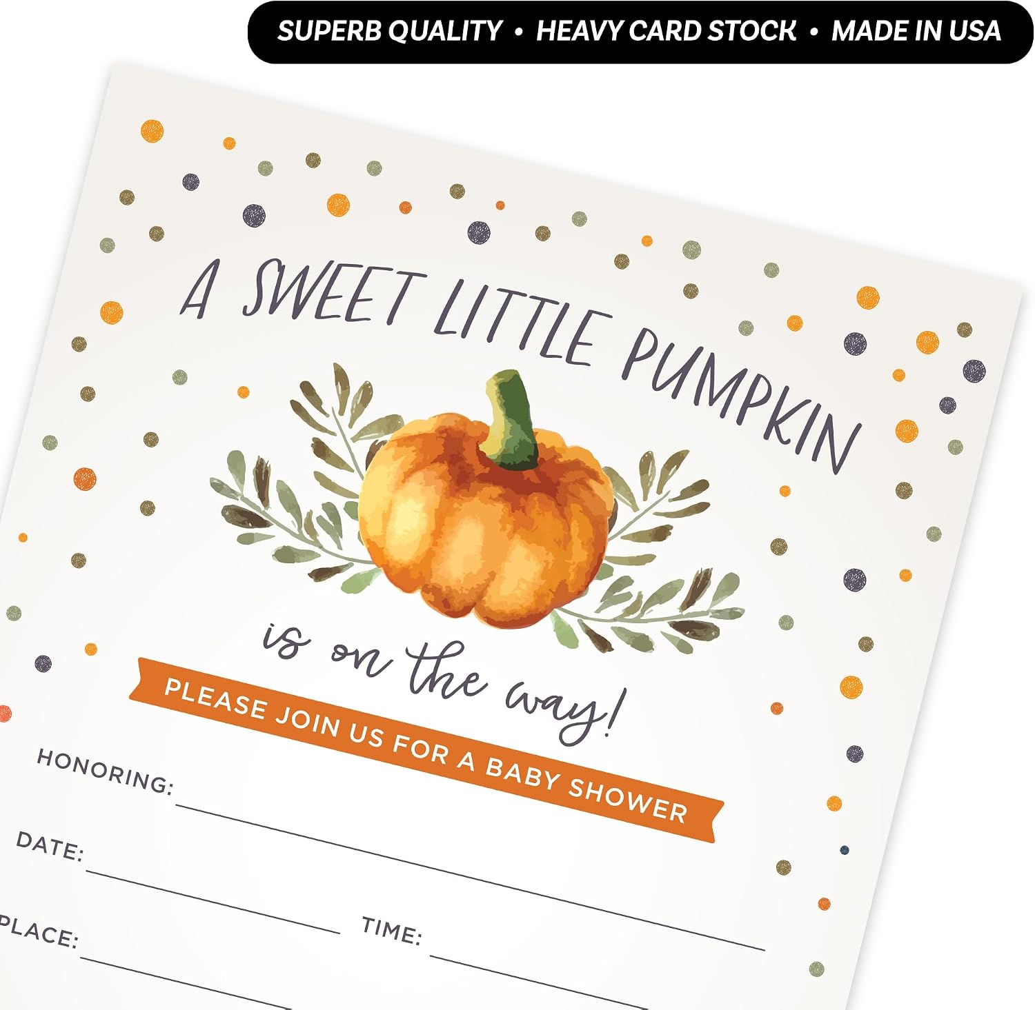 Koko Paper Co Sweet Little Pumpkin Baby Shower Invitations & Diaper Raffle Tickets – Fall Baby Shower Set – 25 Invites, Envelopes & Raffle Cards – Made in the USA