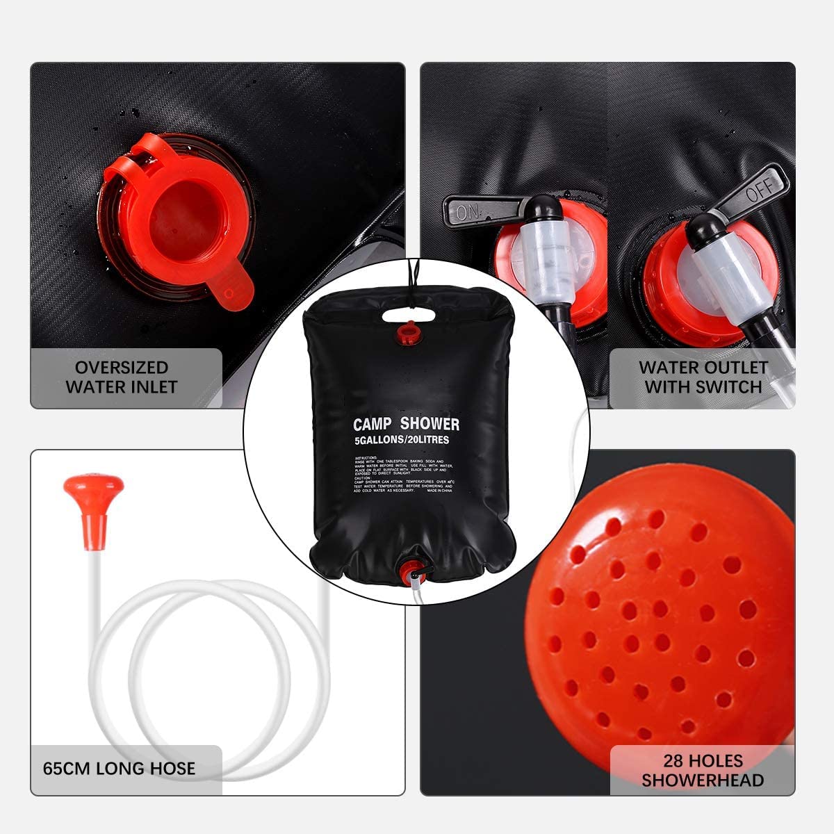 Sac De Douche Solaire Portable Lixada 20L - Chauffé Par Le Soleil, Pour Camping, Randonnée, Nettoyage