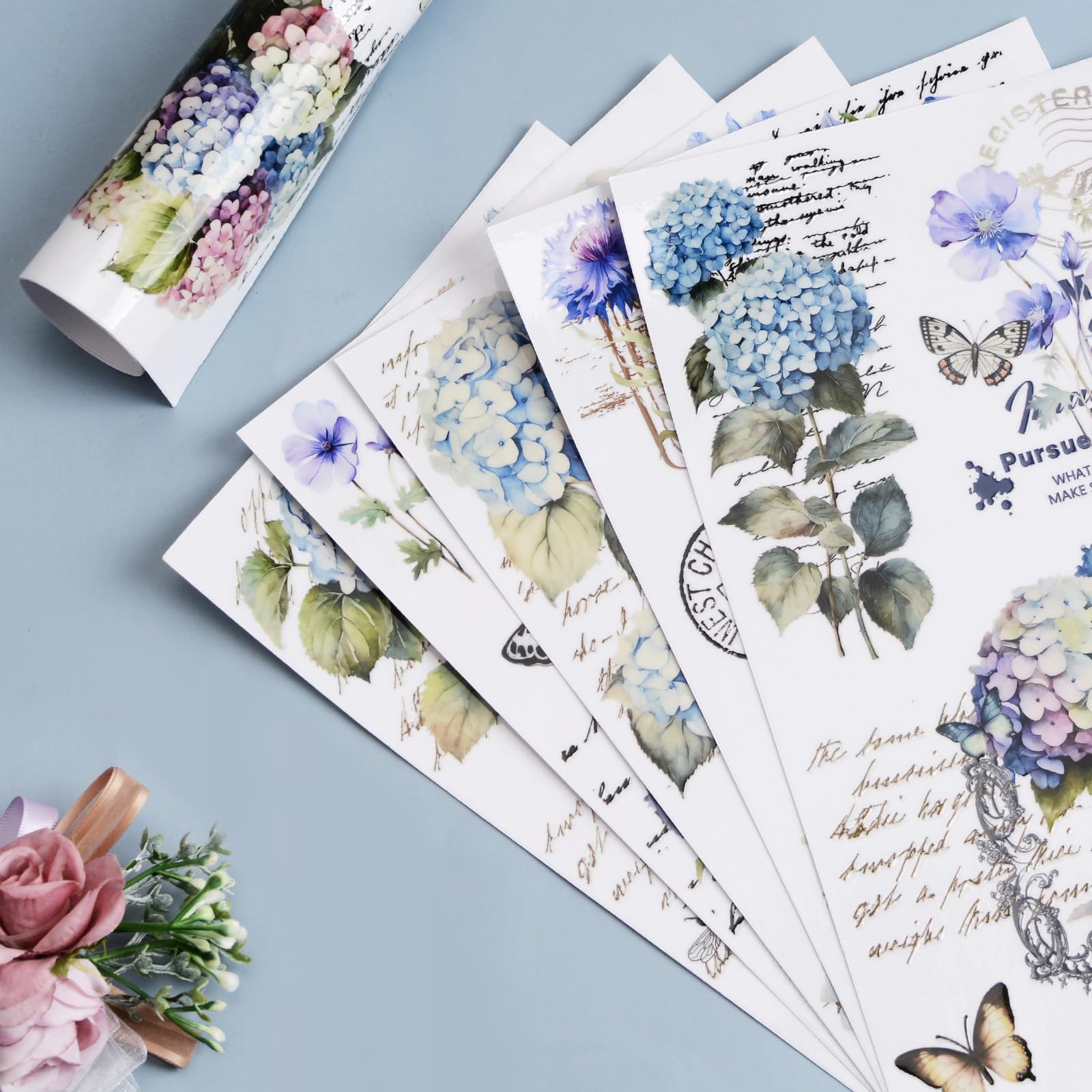 Lot De 6 Feuilles Transferts à Frotter Vintage Fleurs Roses - Autocollants Meubles Décalcomanies