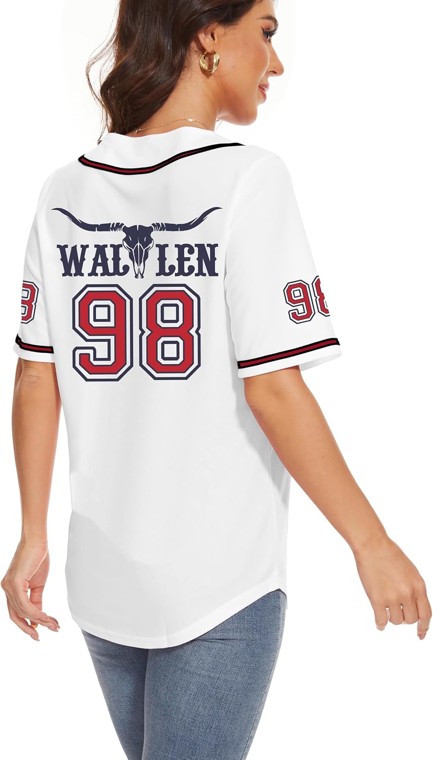 98 Baseball Jersey Women Cow Skull Graphic Shirt Country Vintage Music Fan Tshirts Button Down Short Sleeve Tops