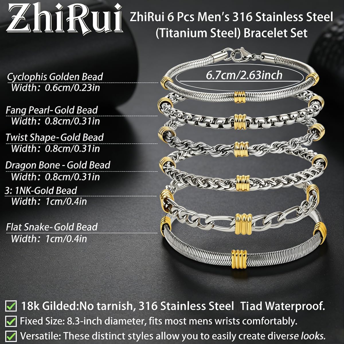 6 Pcs Stainless Steel Bracelets for Men, 8.3 Inch Total Length Stackable Waterproof Gold Silver Chain Bracelets, Ideal Gift for Men