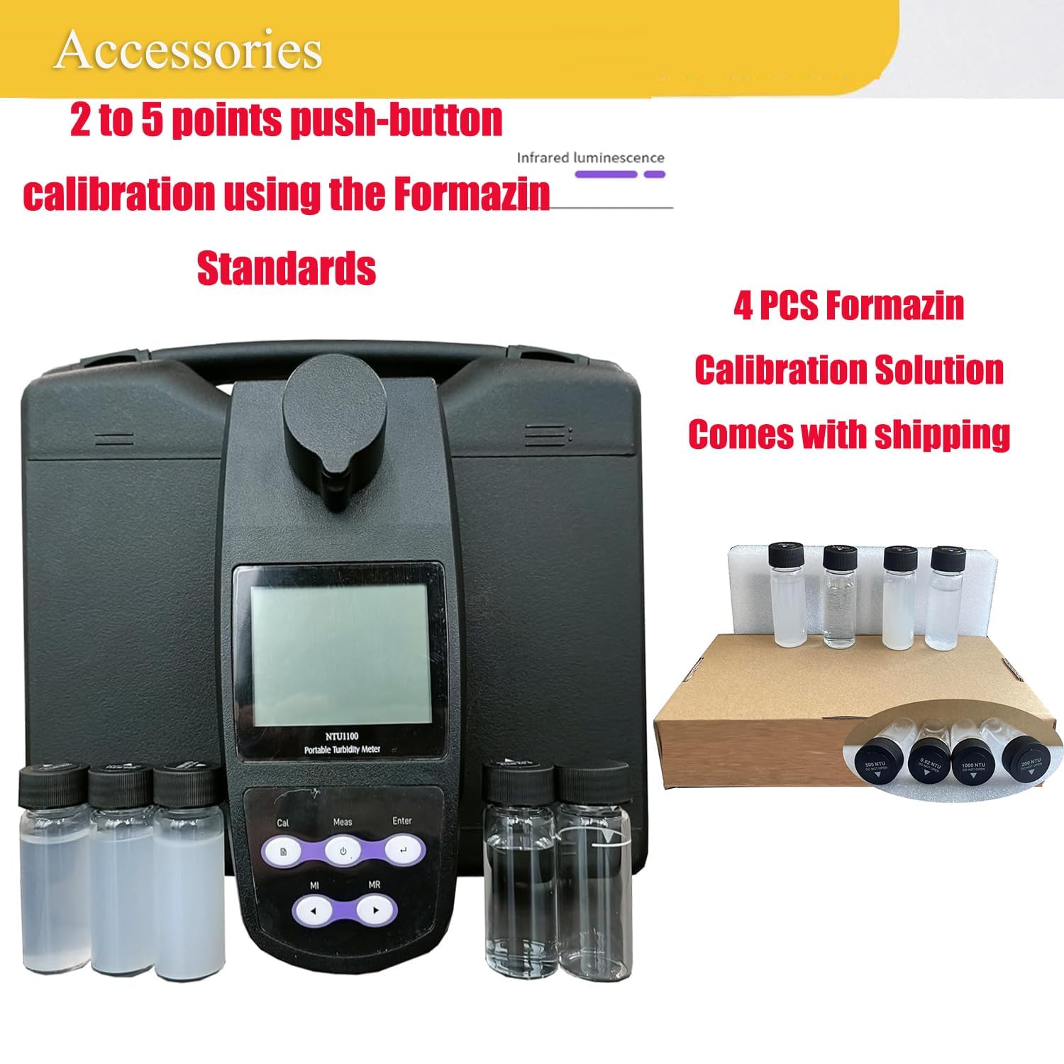 Turbidity Meters Lab Turbidity Instrument NTU1100 with Range 0~1100 NTU/FNU 0~275 EBC 0~9999 ASBC 2-5 Point Calibration 100 Groups Storage USB Interface 4 PCS Calibration Solution