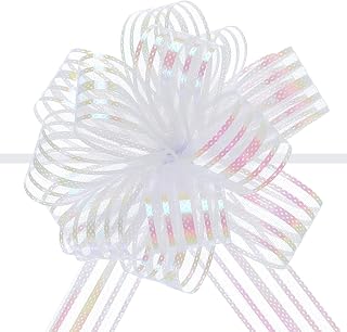 MECCANIXITY 5pcs 4 Inch Organza Large Pull Bow Metallic Gift Wrapping Bows Ribbon Chiffon Yarn White for Wedding Baskets Presents Christmas Valentine's Day