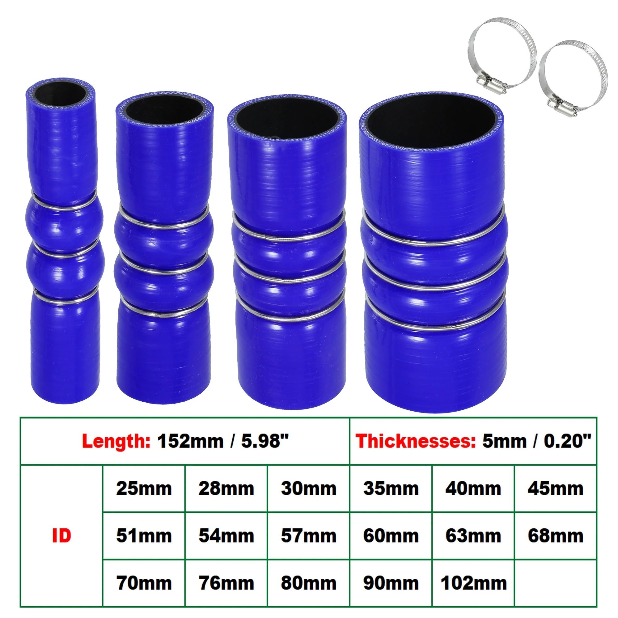 Líneas y mangueras de presión Manguera de silicona para joroba de coche con abrazaderas, diámetro interior de 25/28/30/35/40/45/51/54/57/60 mm - 102 mm, color azul Manguito Turbo(80mm ID)