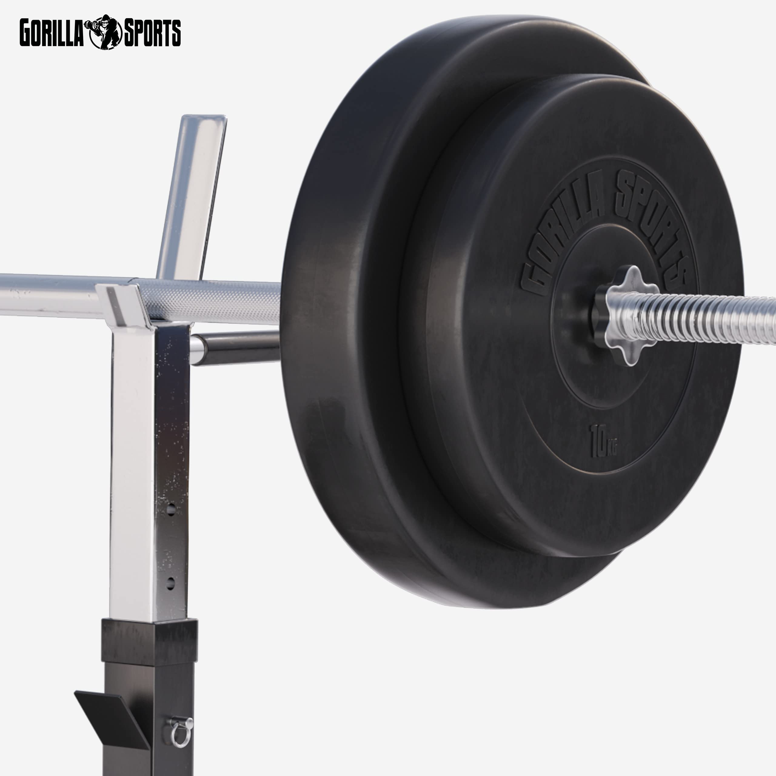 GORILLA SPORTS® Hantelbank mit Hantelset 38/70/100 kg, bis 200 kg, klappbar | Mit höhenverstellbarer Ablage, Dip-Station und 15° Neigung; Trainingsbank, Langhantelset, Drückerbank, Schrägbank, Flachbank