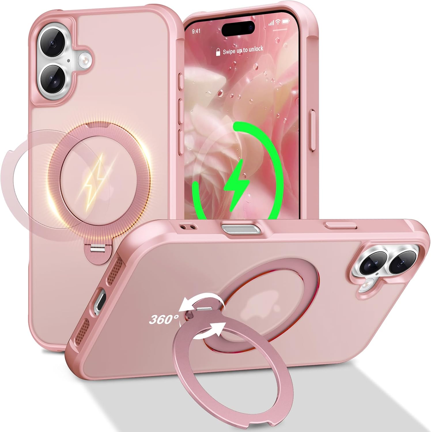 PIXIU 360°Spin Magnetic Stand for iPhone 16 Case with Invisible Kickstand Rotatable,[Fit for Magsafe] Slim Cute Matte Translucent Military Grade Shockproof Phone Cover 6.1 inch-Pink