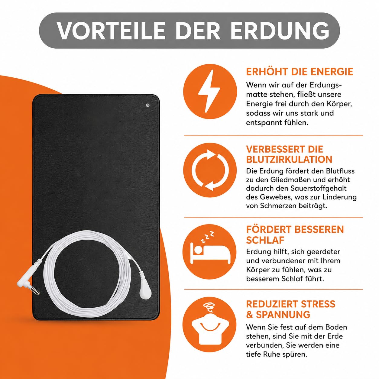 Elvari Erdungsmatte 60x90cm Grounding Mat mit 4m Erdungskabel 100k Ohm Widerstand CE 10A Geprüft Leitfähige Carbon PU Oberfläche Erdungsmatte für Bett Sofa Büro (60 x 90cm)