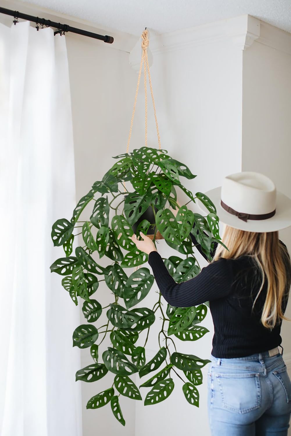 Plantas artificiales en maceta, plantas artificiales colgantes como reales en maceta, plantas artificiales de monstera, hojas de 20 cm, plantas decorativas para mesa, decoración de baño,
