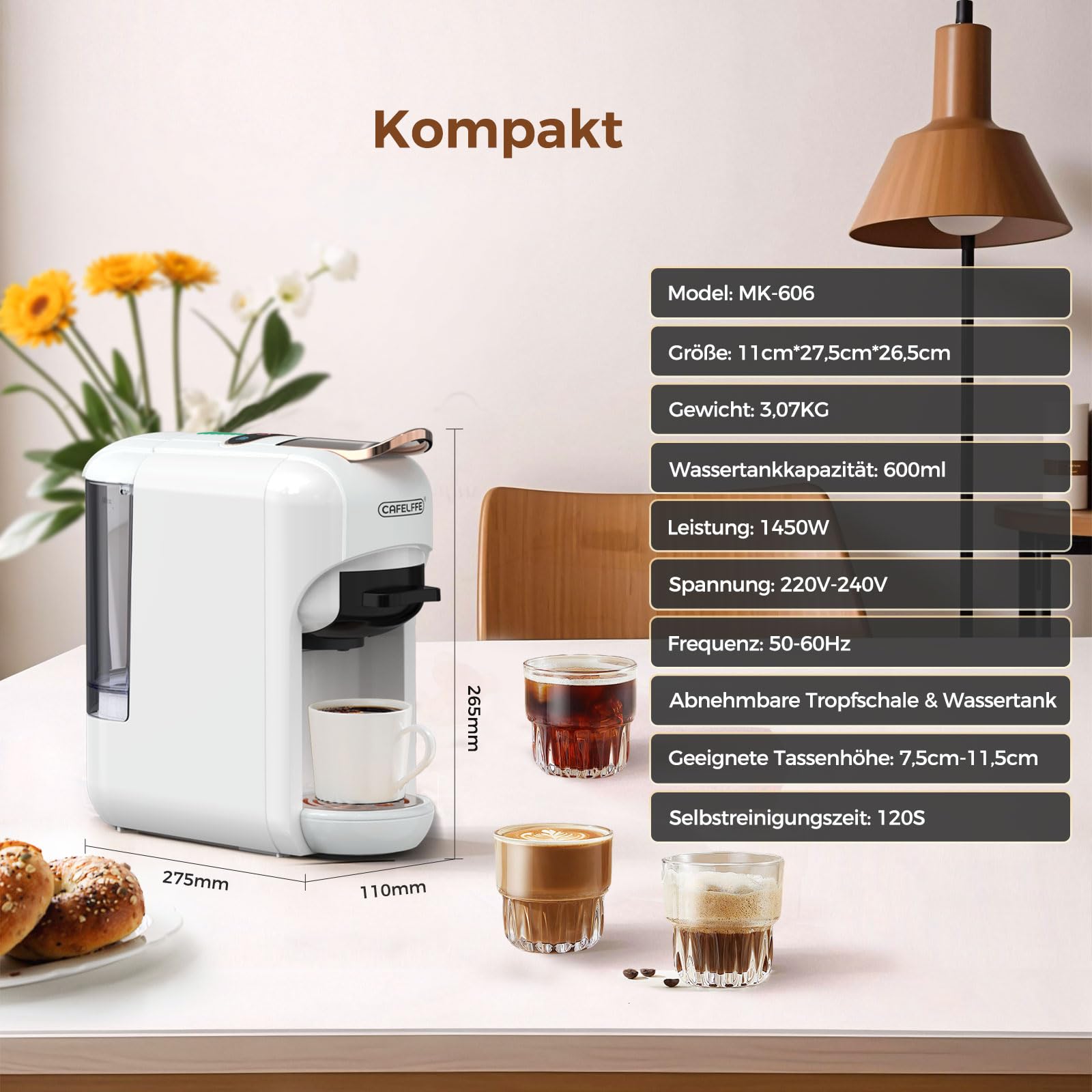 CAFELFFE MK-606 ekspres do kawy na kapsułki 5 w 19 barów, ekspres do kawy na gorąco/zimno, kompatybilny z K-Cup/NES Original/DG/44 mm ESE kapsułkami i kawą mieloną, 7 poziomów wody