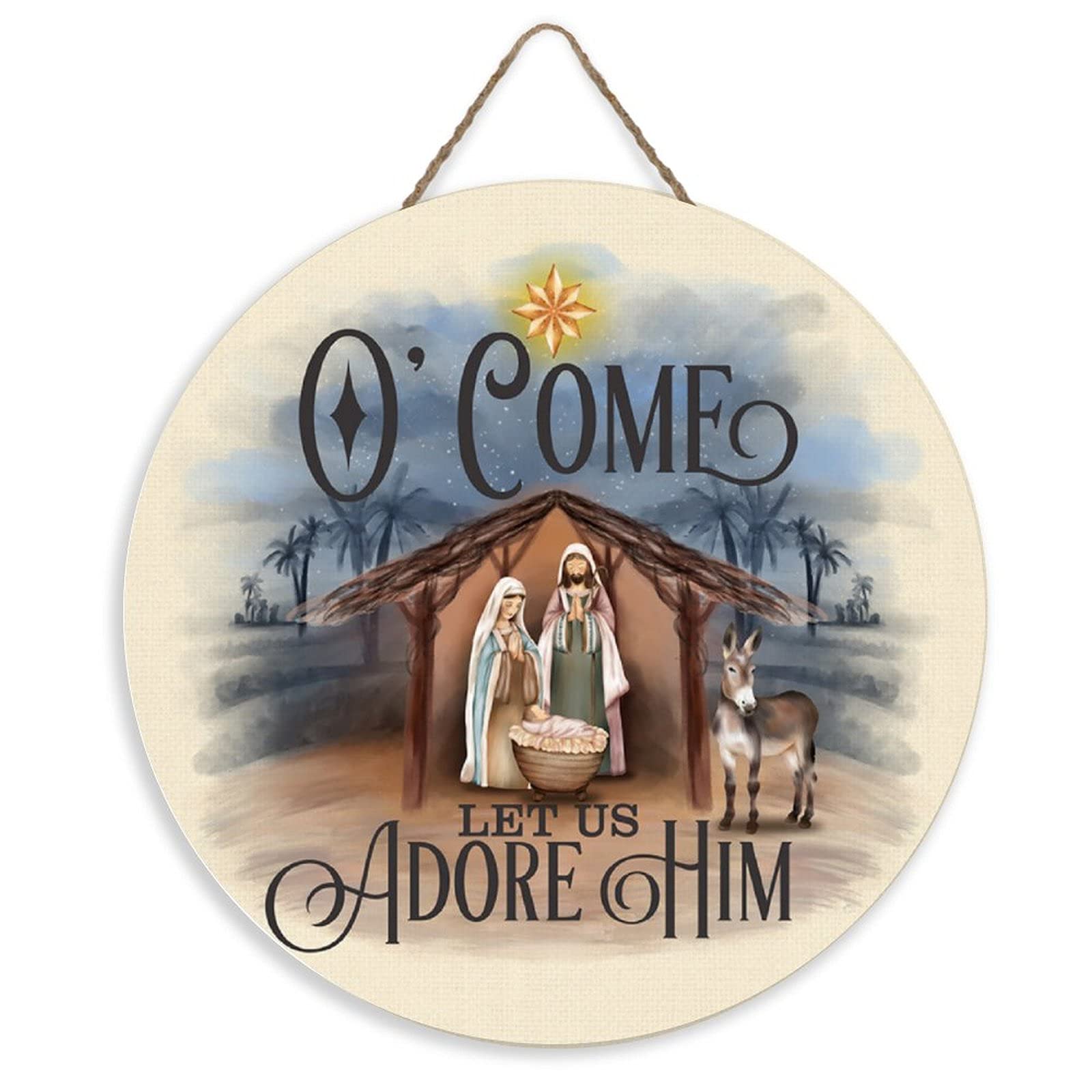 ArogGeldCome Let Us Adore Him Circle Wood Sign Nativity Scene Christmas Wooden Hanging Wall Art Home Decoration for Front Door Garden Porch Bedroom, qeb0t5c4oynk, White-style, 12 x inch