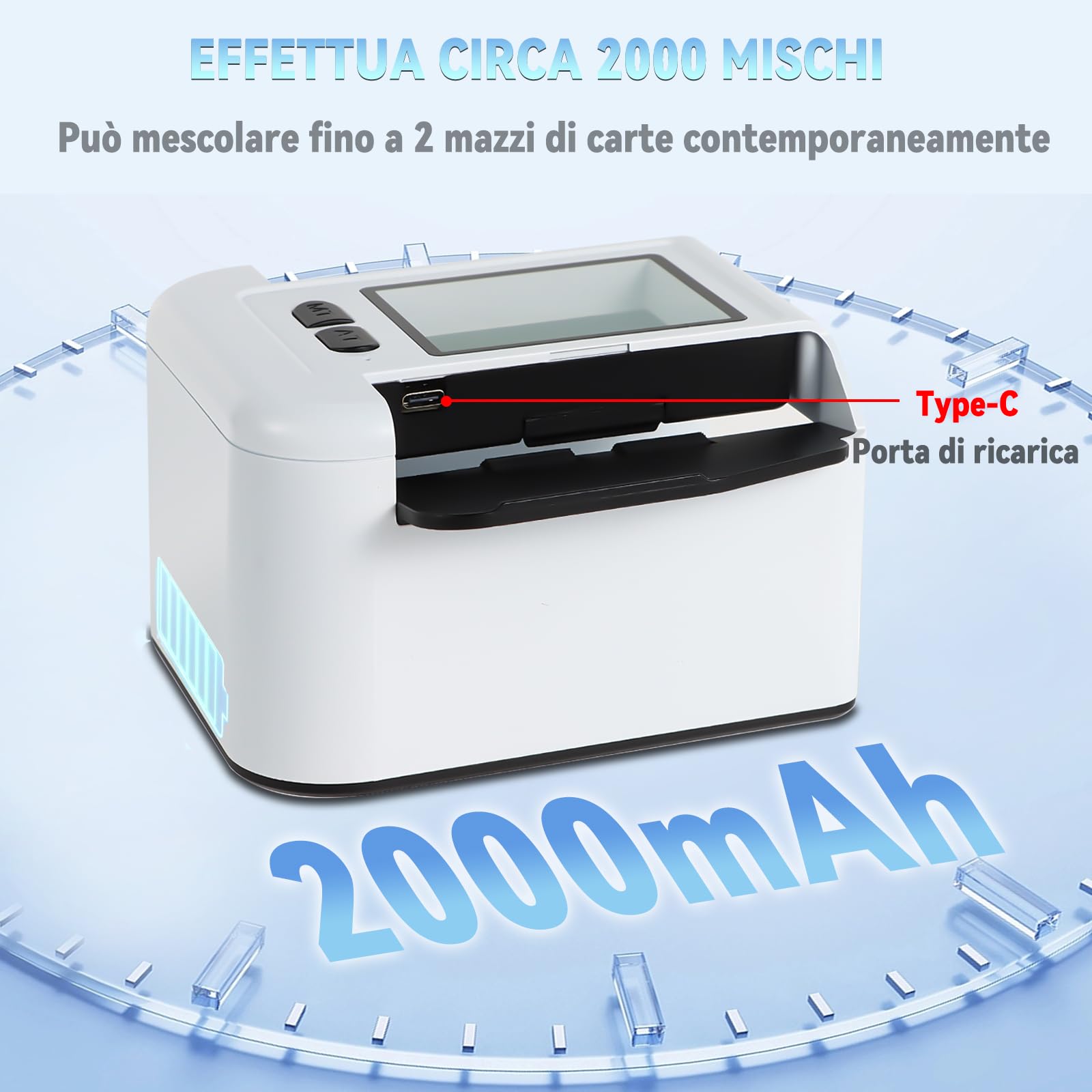 Mescolatore Automatico di Carte da Gioco, Mischiatore Elettrico Portatile per Schede di Diverse Dimensioni, 2000mAh Ricaricabile per Poker, Blackjack, Texas Hold'em (A-Bianco)