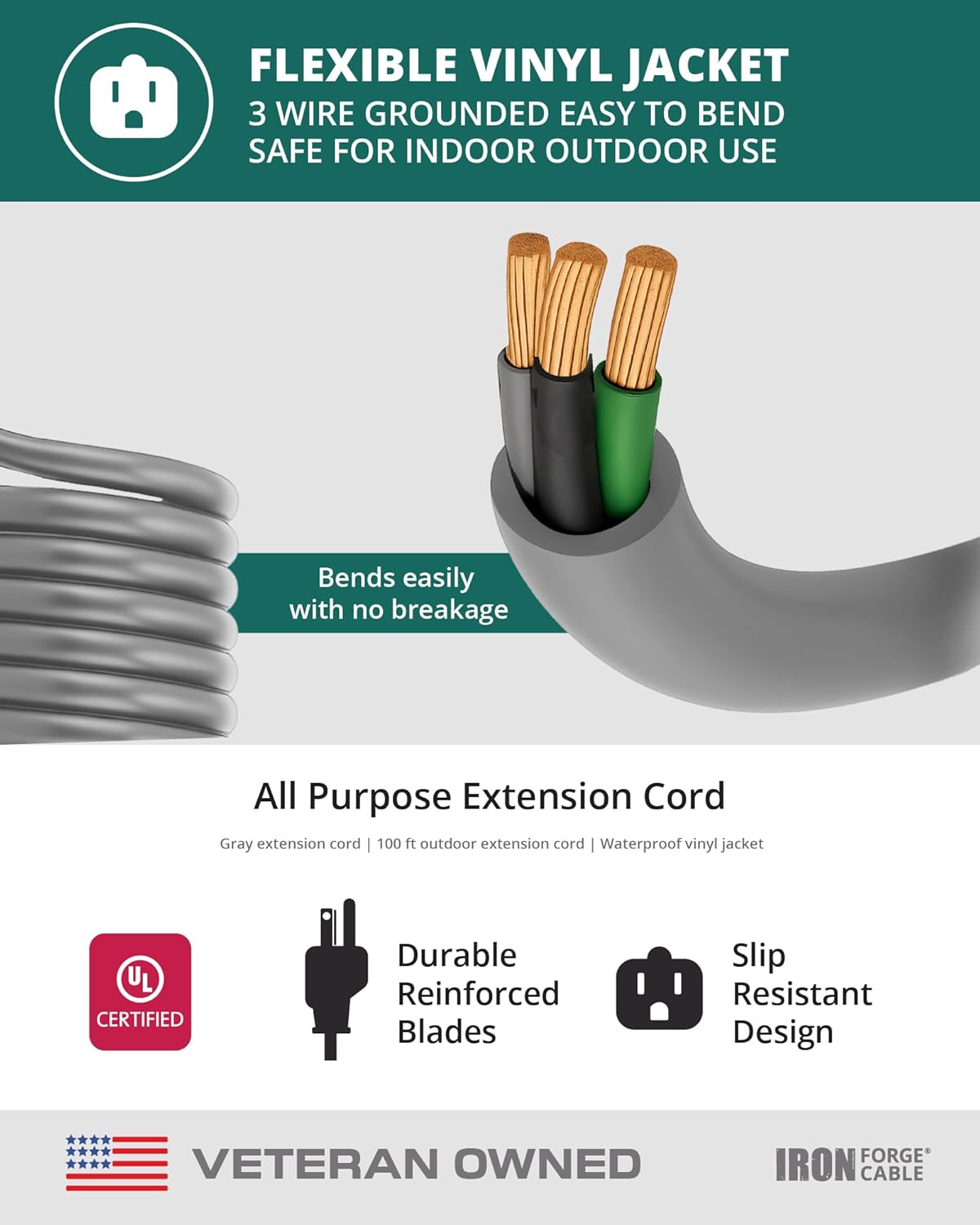 Iron Forge Cable Gray Outdoor Extension Cord 100 ft, 16/3 SJTW 100 Foot Grey 3 Prong Extension Cord Outdoor & Indoor, Weatherproof 10 Amp Heavy Duty Power Cable