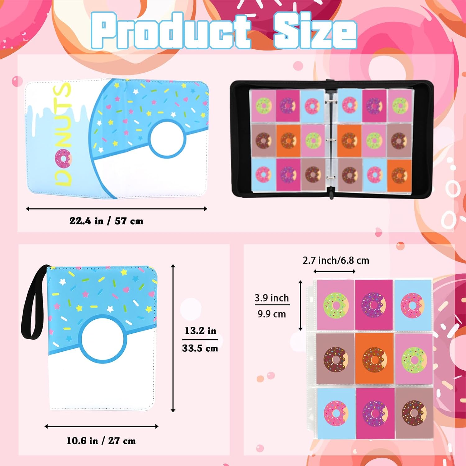 9 Pocket Card Binder 900 Card Holder Album, Pink Donut Trading Cards Holder Zipper Binder for Girl Teen Collection (Blue Donut, 900 Pocket)