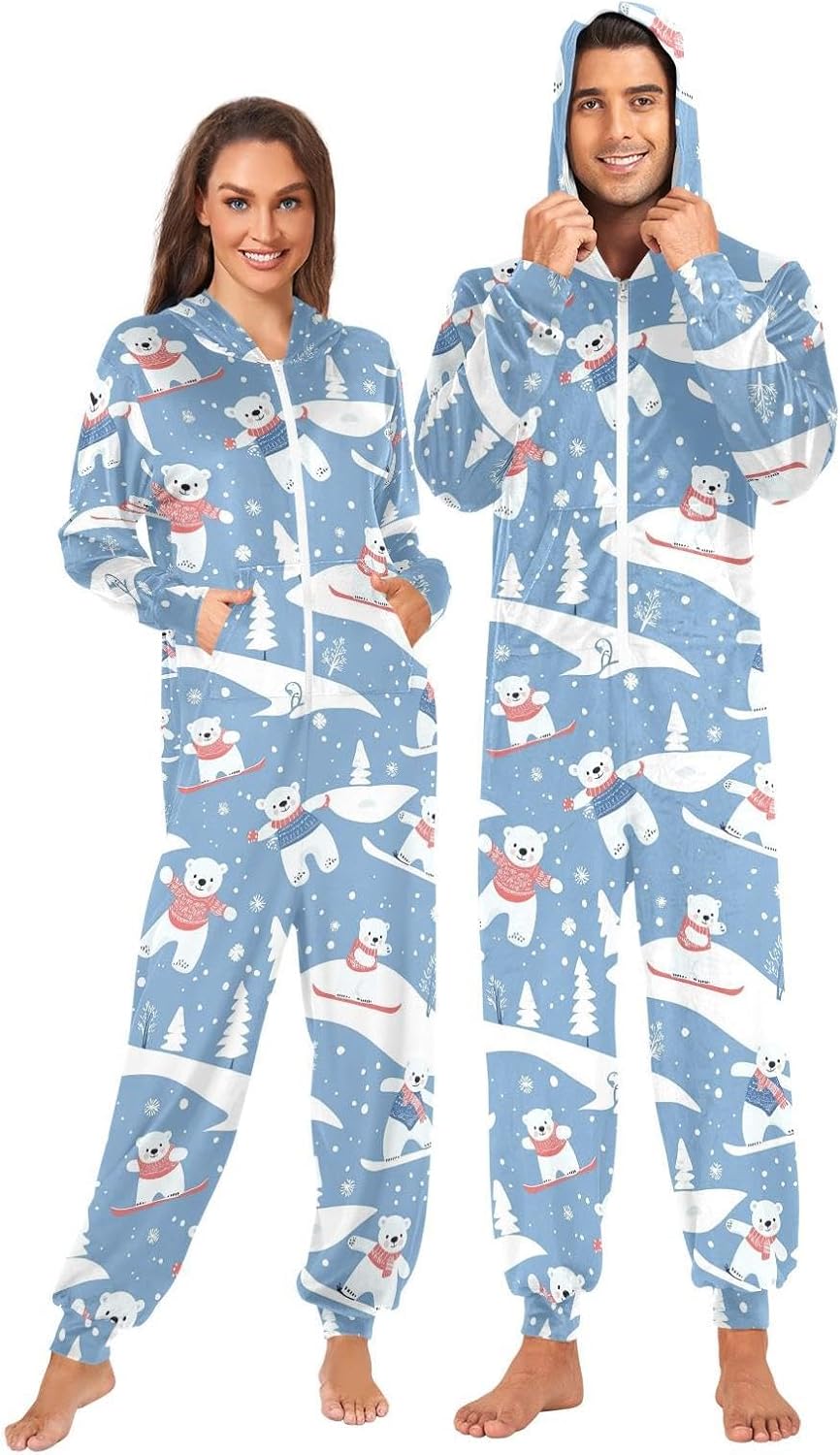 ZZKKO Polar Bear Skiing Adult Onesie Pajamas for Women Men Cozy One Piece Pajamas Costume Zip-Up Hooded S-XL