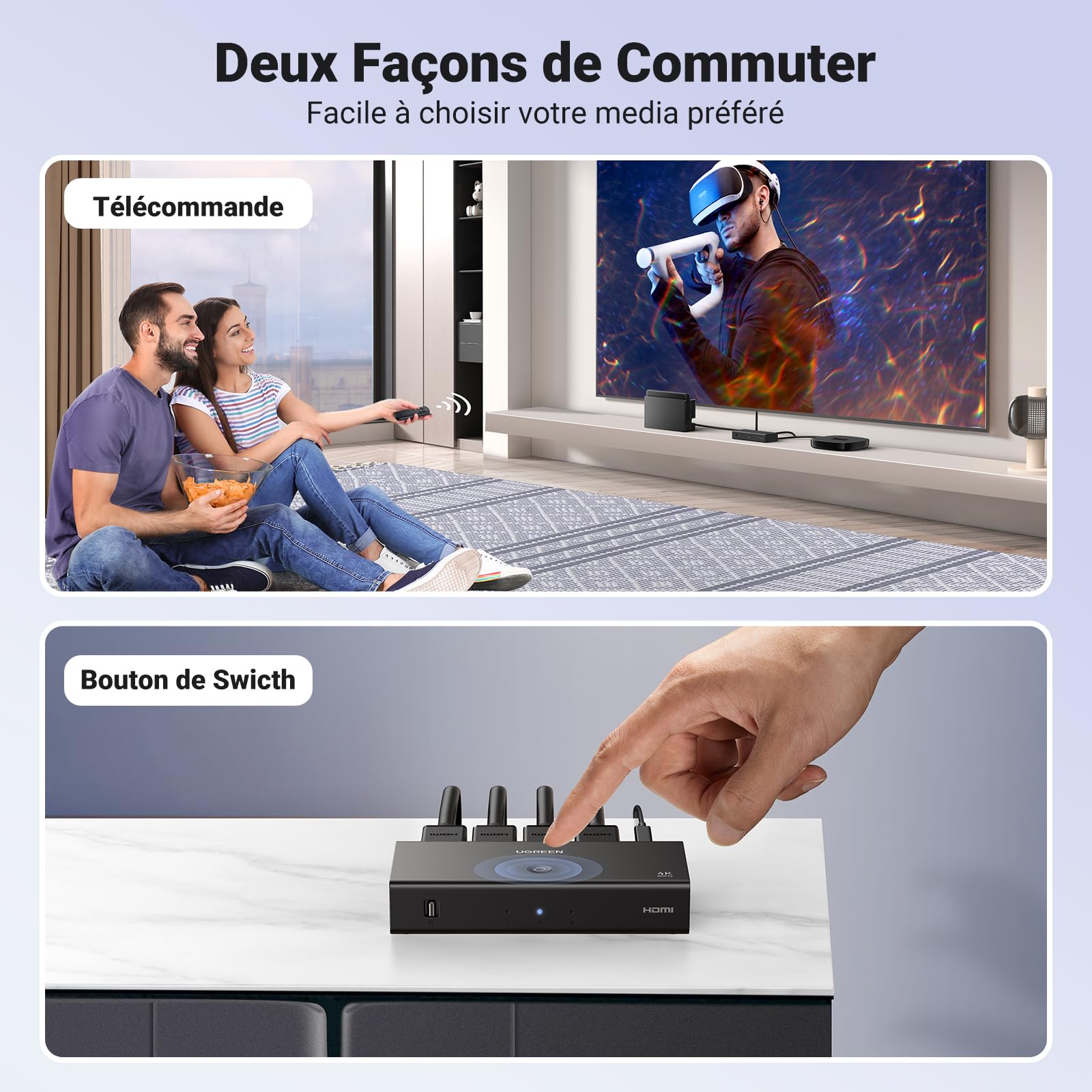 UGREEN Switch HDMI 4K 60Hz 3 Entrées à 1 Sortie Commutateur HDMI 1080P 3D HDR10 Dolby Atmos avec Télécommande IR Compatible avec PS5 PS4 Xbox TV Stick Box Chromecast Lecteur Blu Ray DVD Projecteur