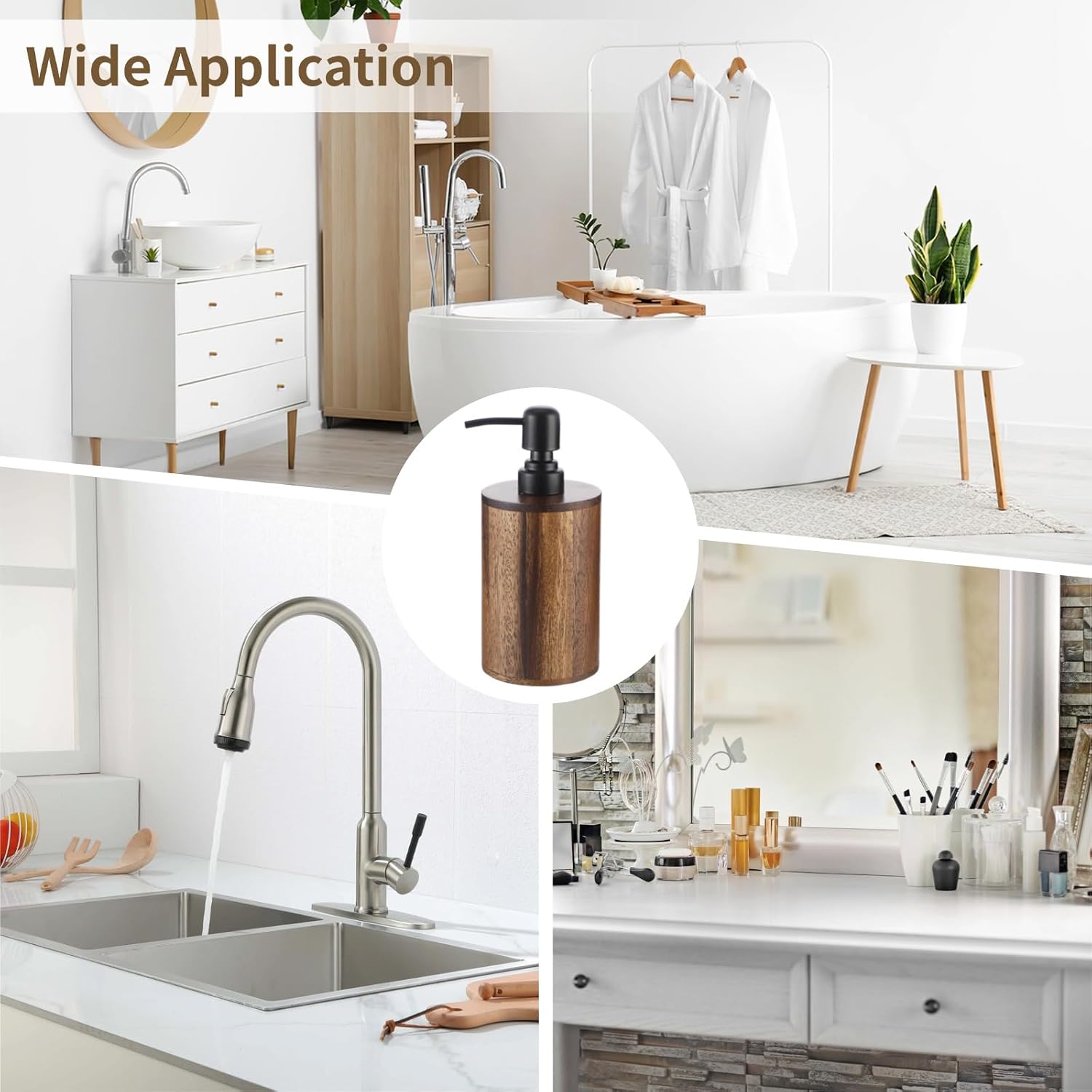 400 ml Wood Soap Dispenser, Round Wood Lotion Dispenser, Refillable Hand Soap Bottle, Ideal for Essential Oils, Lotions