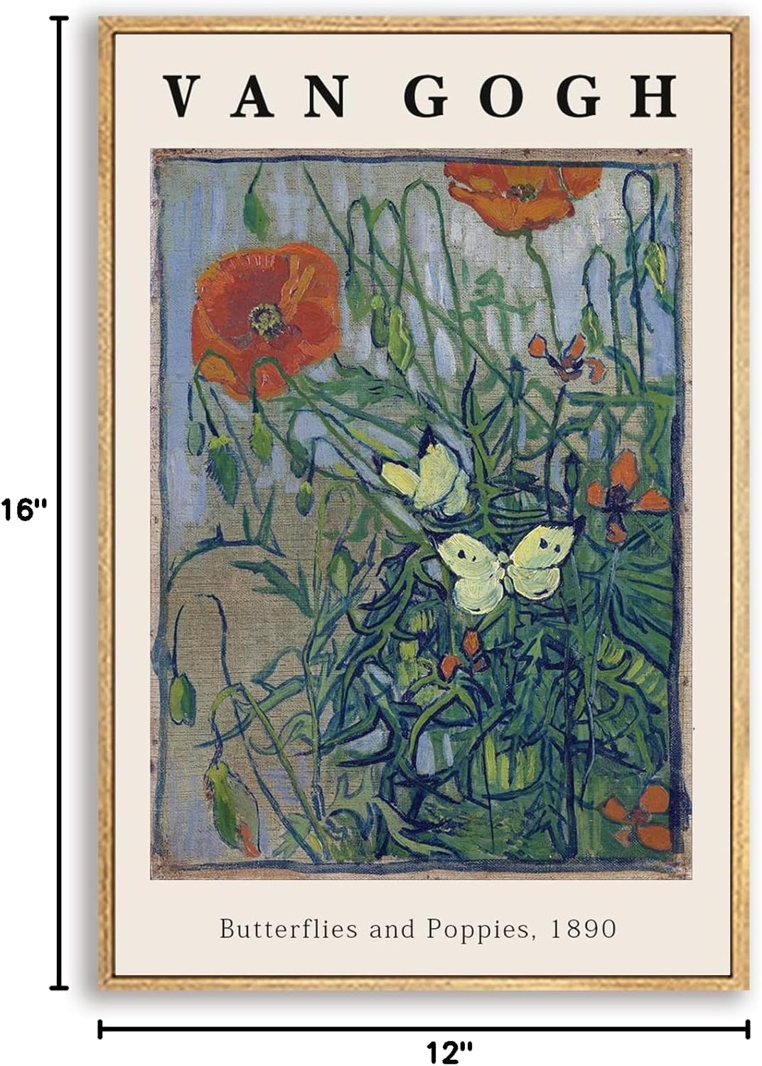 Vincent Van Gogh Framed Wall Art Print Butterflies And Poppies Flowers by Van Gogh Canvas Prints Painting Reproduction for Living Room Bedroom Kitchen Office Home Decor 12"x16" Natural Framed