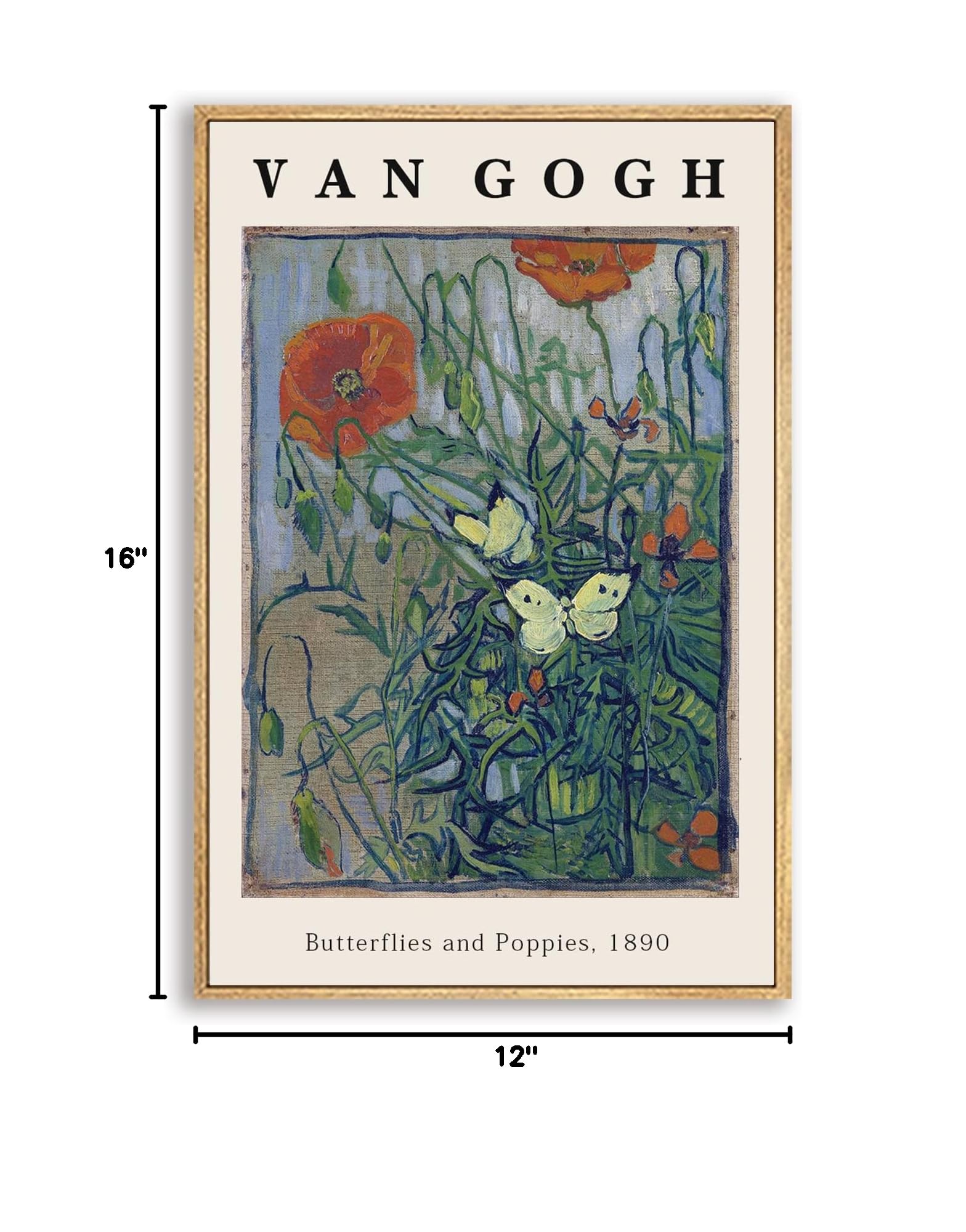 Vincent Van Gogh Framed Wall Art Print Butterflies And Poppies Flowers by Van Gogh Canvas Prints Painting Reproduction for Living Room Bedroom Kitchen Office Home Decor 12"x16" Natural Framed — view 8