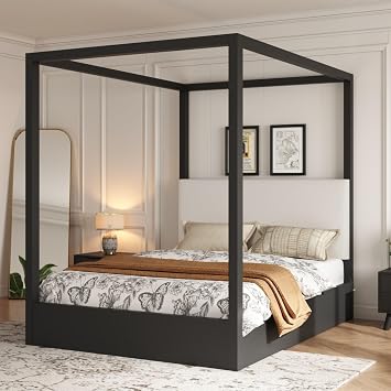 Queen Size Wooden Canopy Bed with Upholstered Headboard, Black