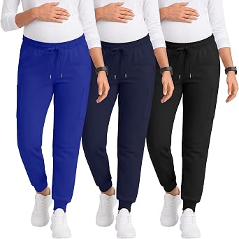 3 Pack Maternity Scrubs Pants 6 Pockets Pregnancy Comfy Workwear Drawstring Joggers Underbelly Cargo Work Pants