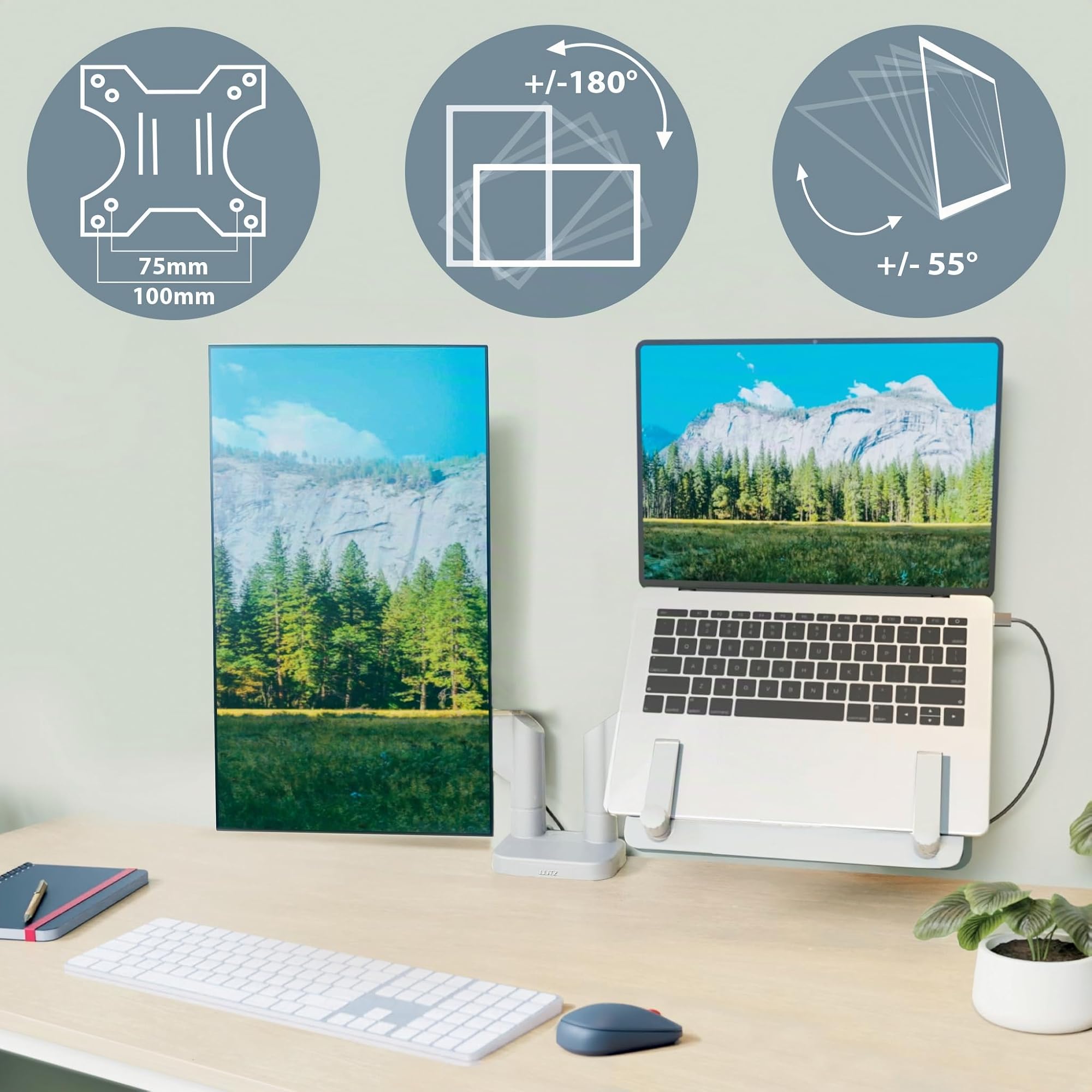 Leitz Ergo Brazo Ergonómico para Monitor y Portátil (17''-32'') – Soporte de Escritorio con Giro, Inclinación y Rotación, hasta 18 kg, Compatible VESA, Gris Claro, 65380085
