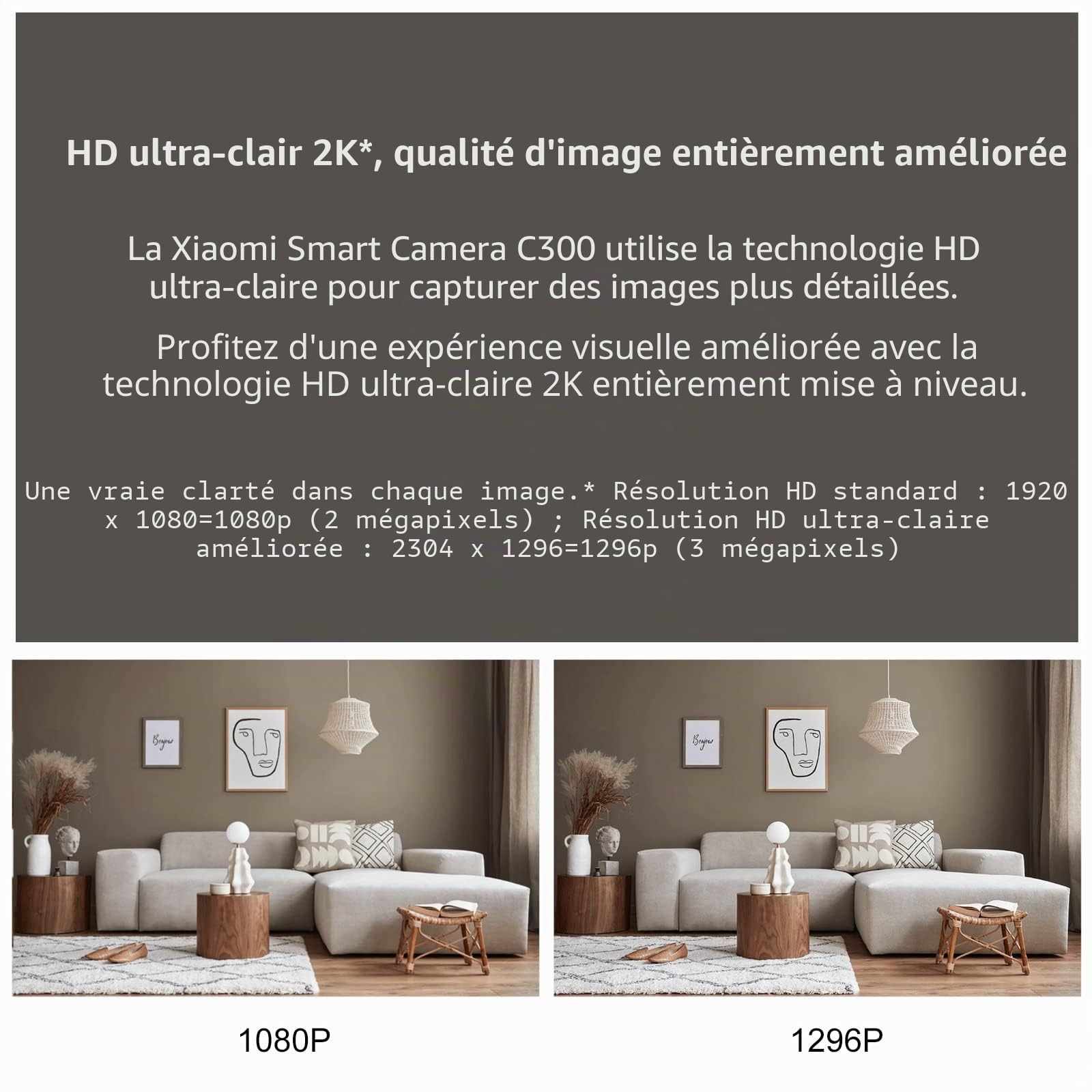 XIAOMI Mi Smart Camera C300 Caméra Surveillance WiFi intérieure 360° qualité 2K, Vision Nocturn, Détection Humaine AI, Audio bidirectionnel, pour Bébé et Animaux, Compatible avec Alexa et OK Google
