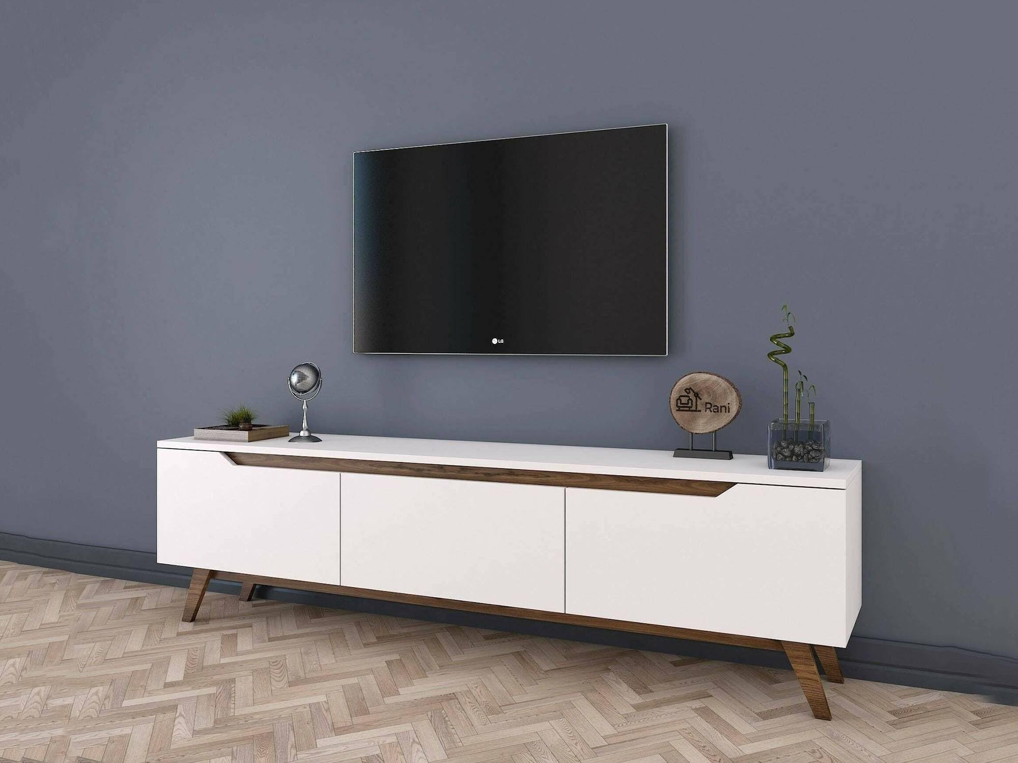 Dmora - Mobile porta TV Cor, Credenza da soggiorno, Armadio basso per TV, Base parete attrezzata, 180x35h49 cm, Bianco e Noce