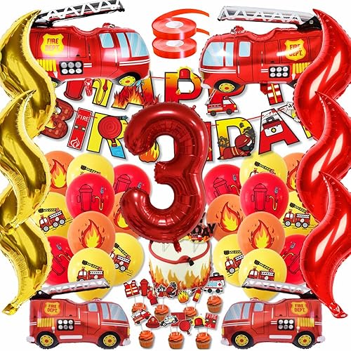 Suministros para fiesta de cumpleaños de bomberos, decoraciones de fiesta de camión de bomberos, globo de bomberos número 3, globo de camión de