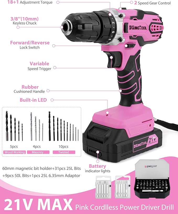 Kit de Herramientas KingTool 267 Piezas con Taladro Inalámbrico Rosa 21V miniatura 5
