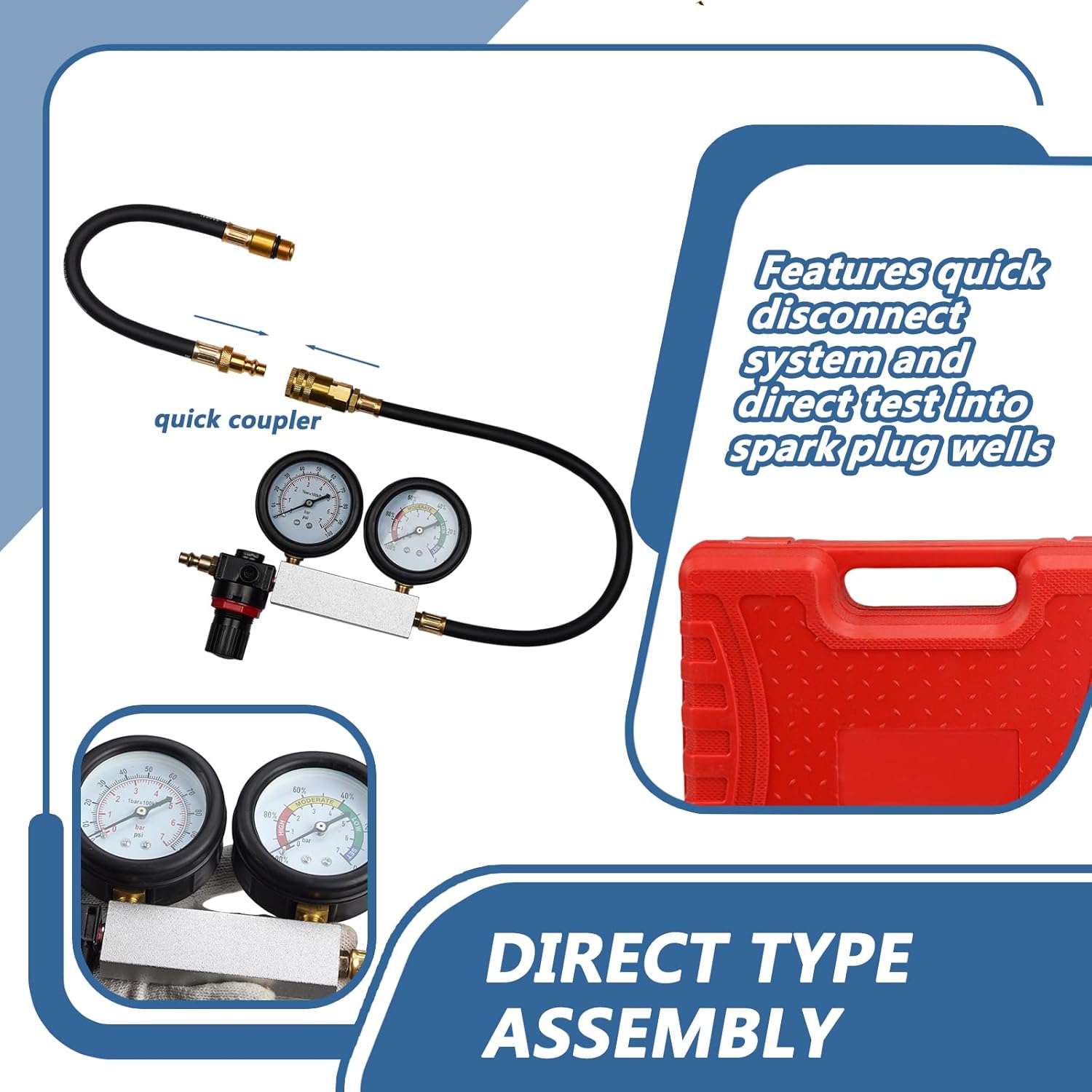 Handor Compression Leakdown Detector Leakage Test Set Cylinder Leak Down Tester Kit Dual Gauge Leakdown Detector Tool Set for Pressure Check & Leakage Rate Test Gasoline Engine