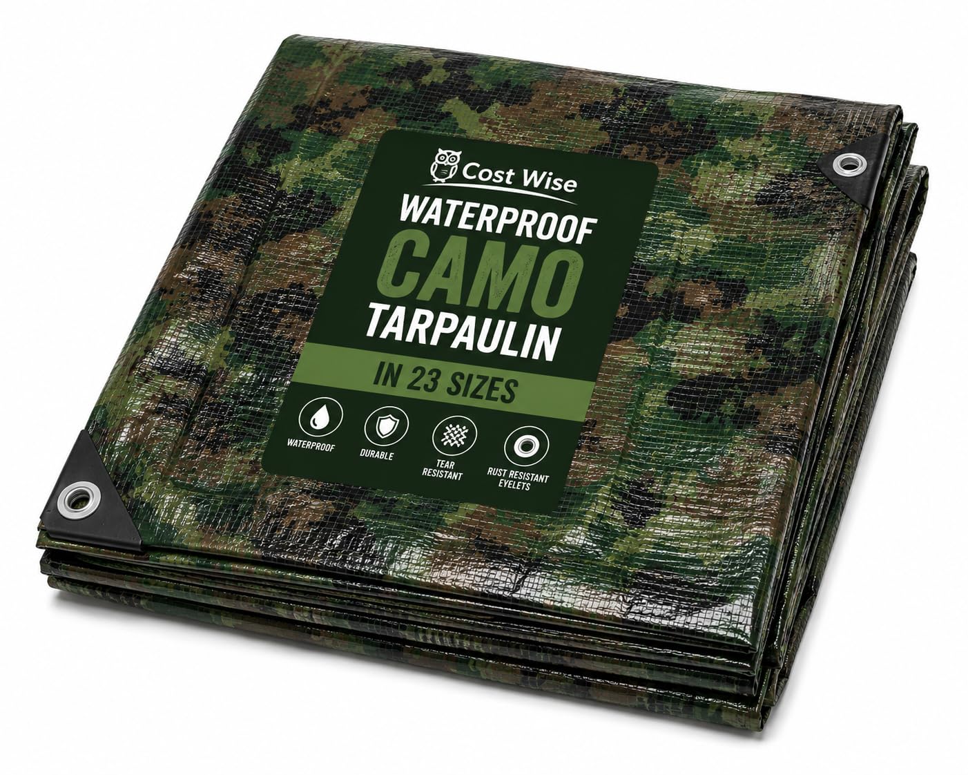 Camouflage Waterproof Tarpaulin,Ideal For Fishing,Birdwatching,Hunting,Extra Eyelets Every 50cm,23 Sizes, (1.5m x 2.4m)
