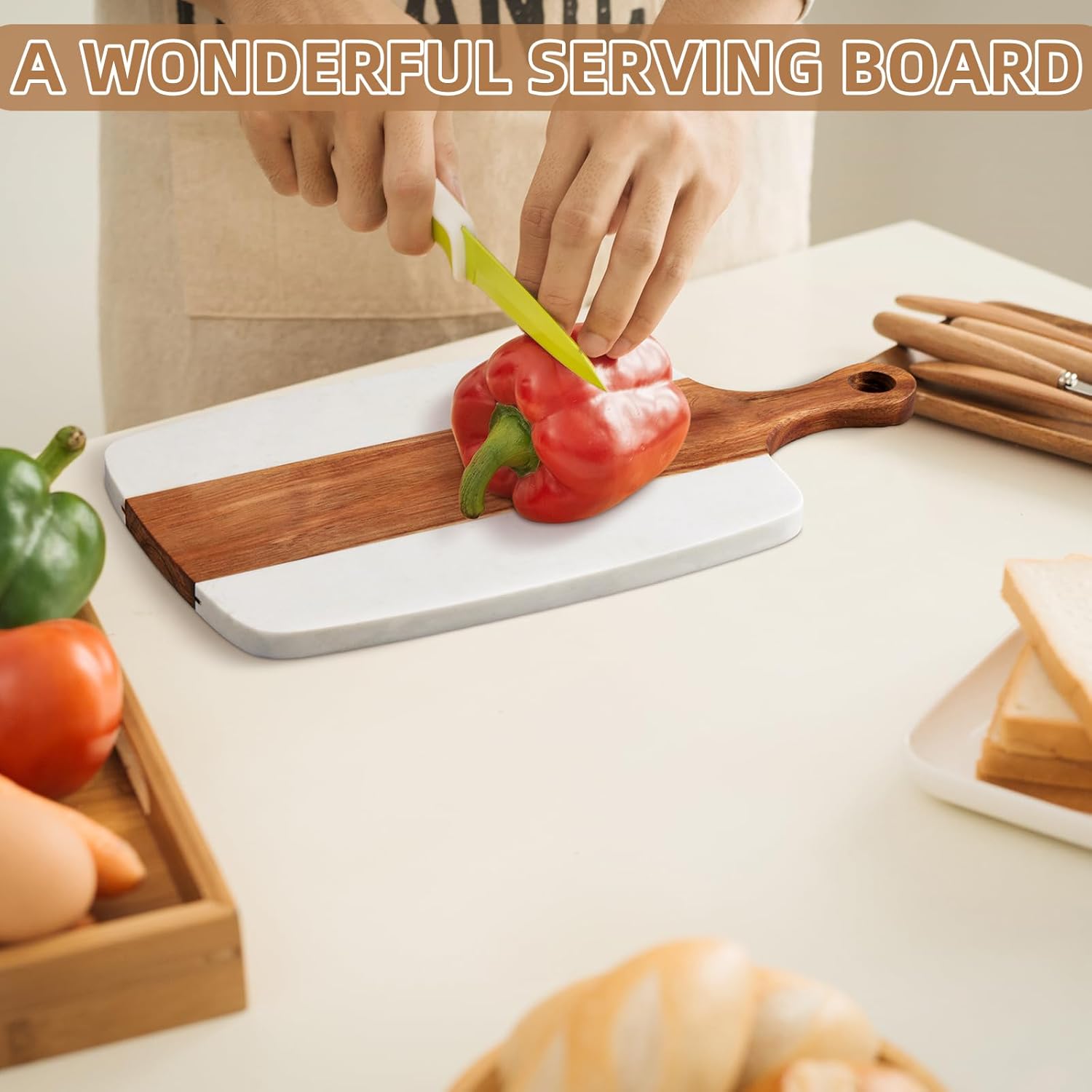 Zubebe 6 Pcs Marble and Wood Cutting Board Acacia Wooden Marble Serving Tray with Handle Charcuterie Chopping Board for Kitchen Wedding Bridal Shower Gift(17 Inches X 10 Inches)