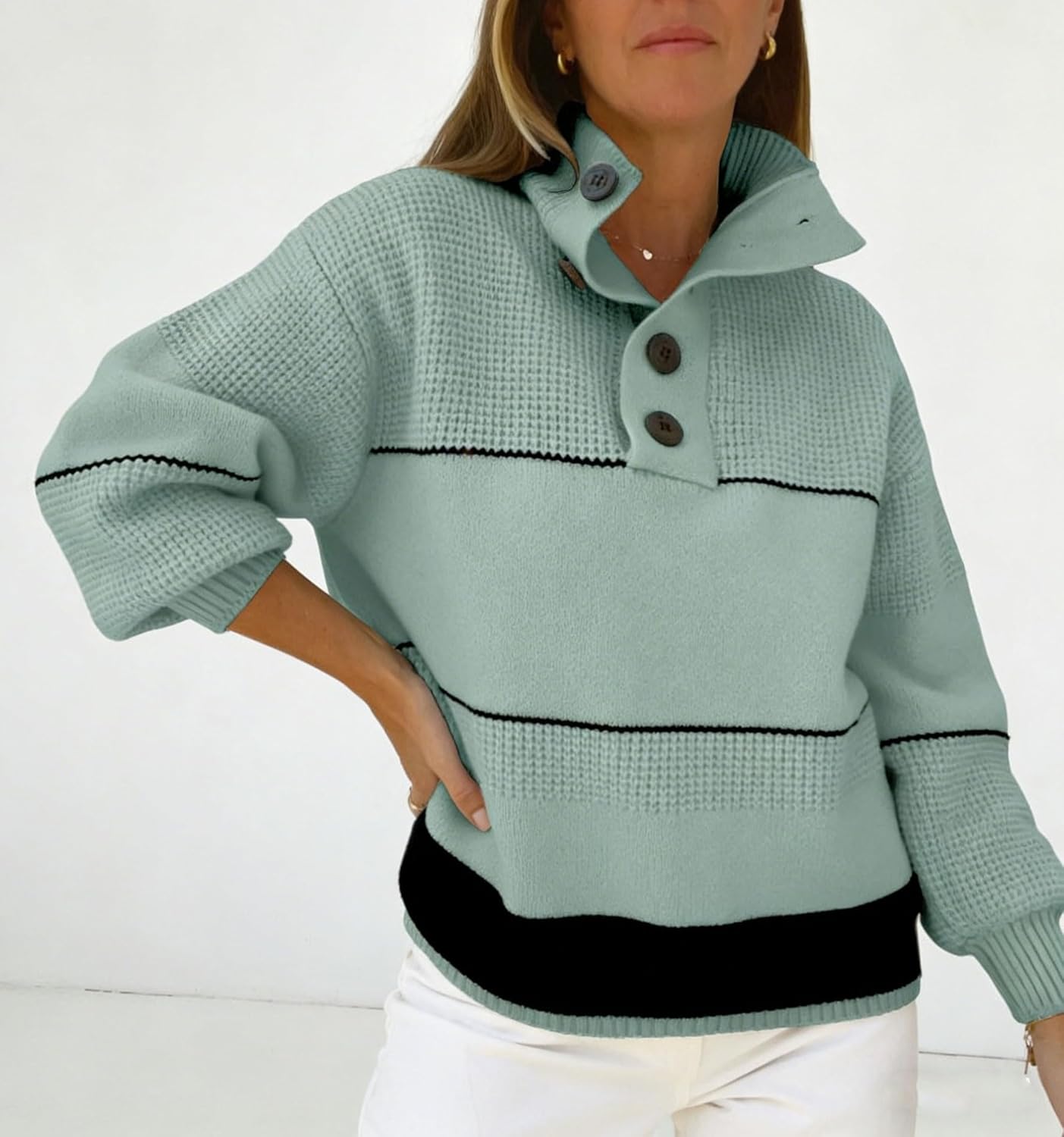 CHARTOU Women's Waffle Knit Knitwear Slouchy Striped Polo Collared Long Sleeve Pullover Sweater Tops