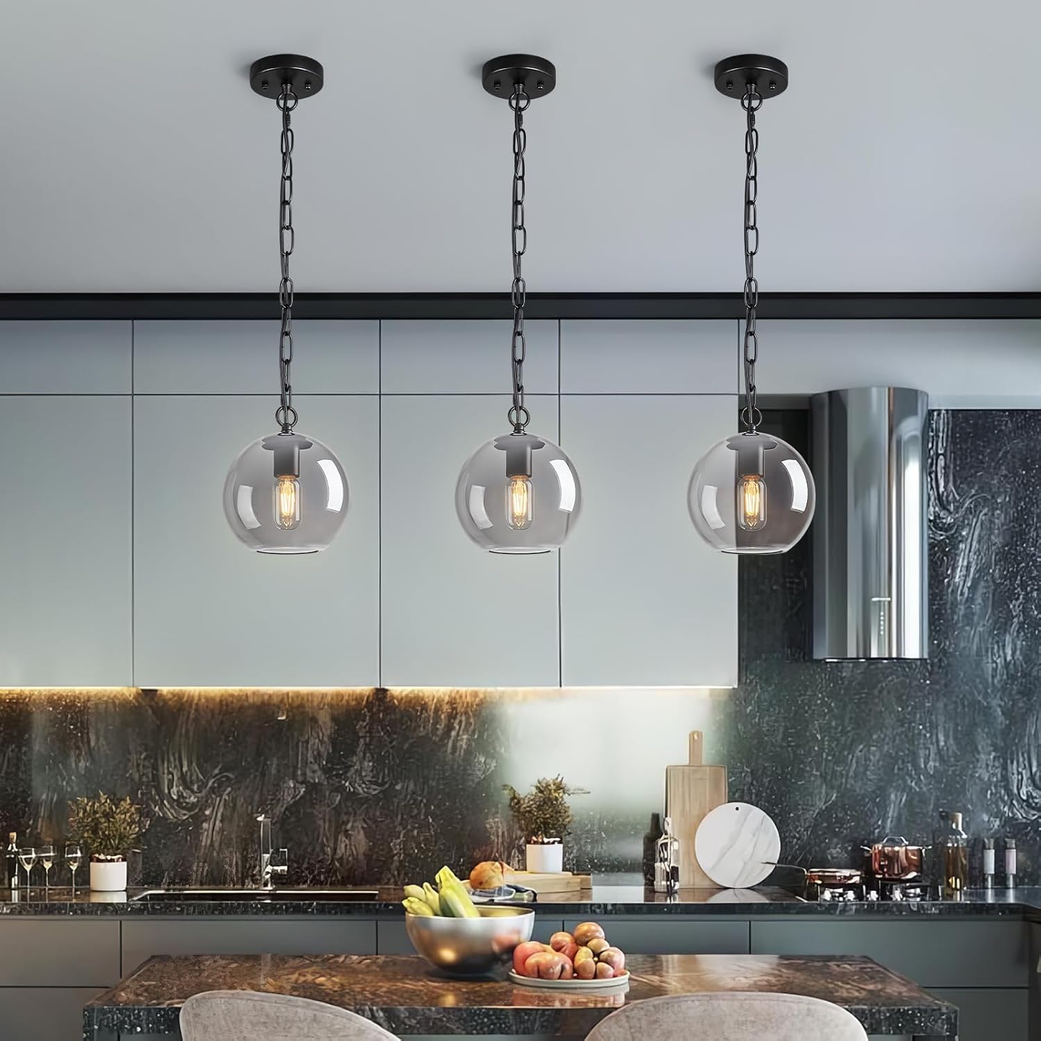 Smoke Gray Pendant Light Fixtures, Modern Farmhouse Ceiling Hanging Lights Brass Finish Chain Globe Pendant Lights for Kitchen Island Dining Room Bedroom Light Fixture(7.87in, 2-Pack)