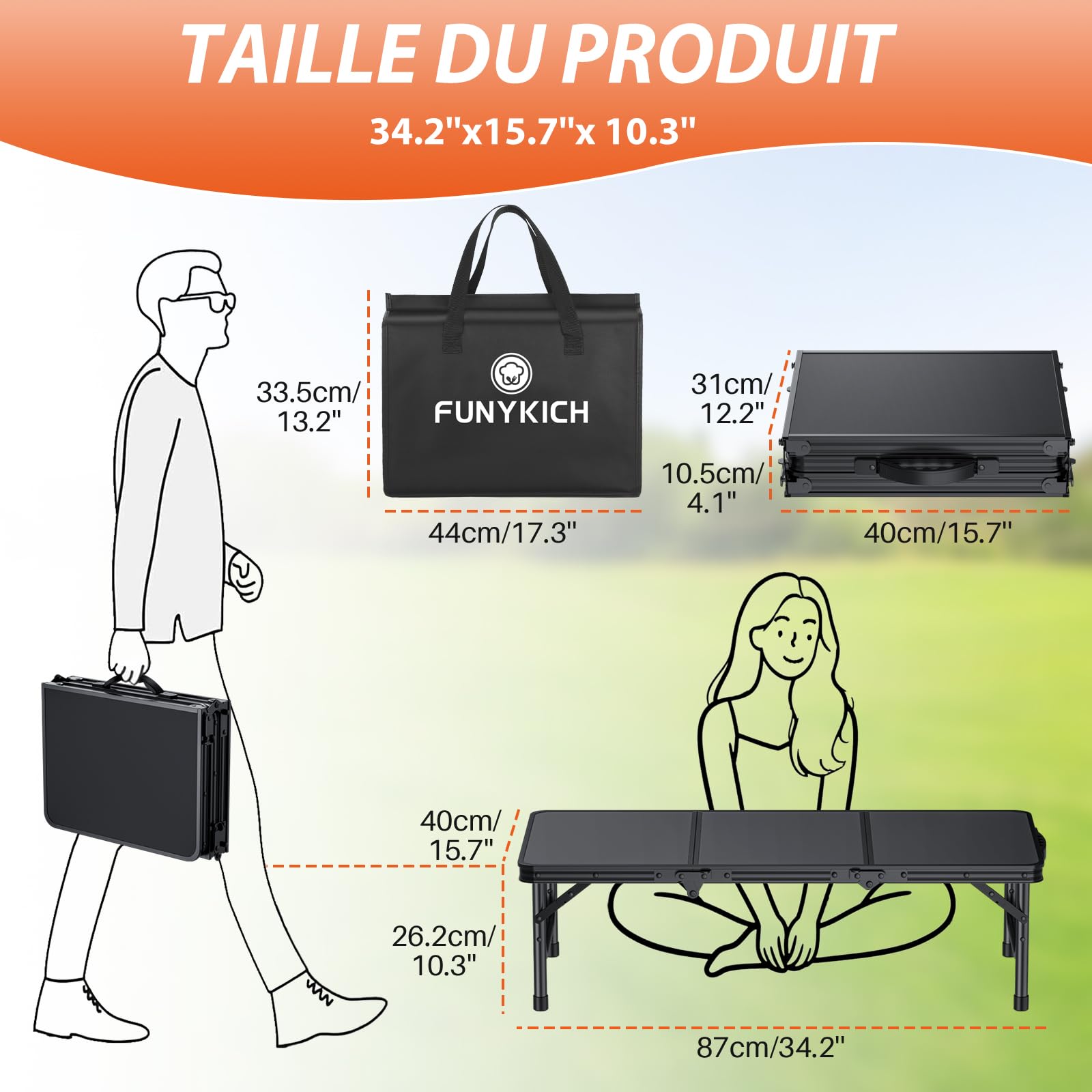 FUNYKICH Table de Camping Pliante Basse de 0,9 m avec Sac de Transport, Table de Pique-Nique Portable, Table de Plage légère et épaisse pour Plage, Camping‎ Noir 87 * 40 * 26.2cm